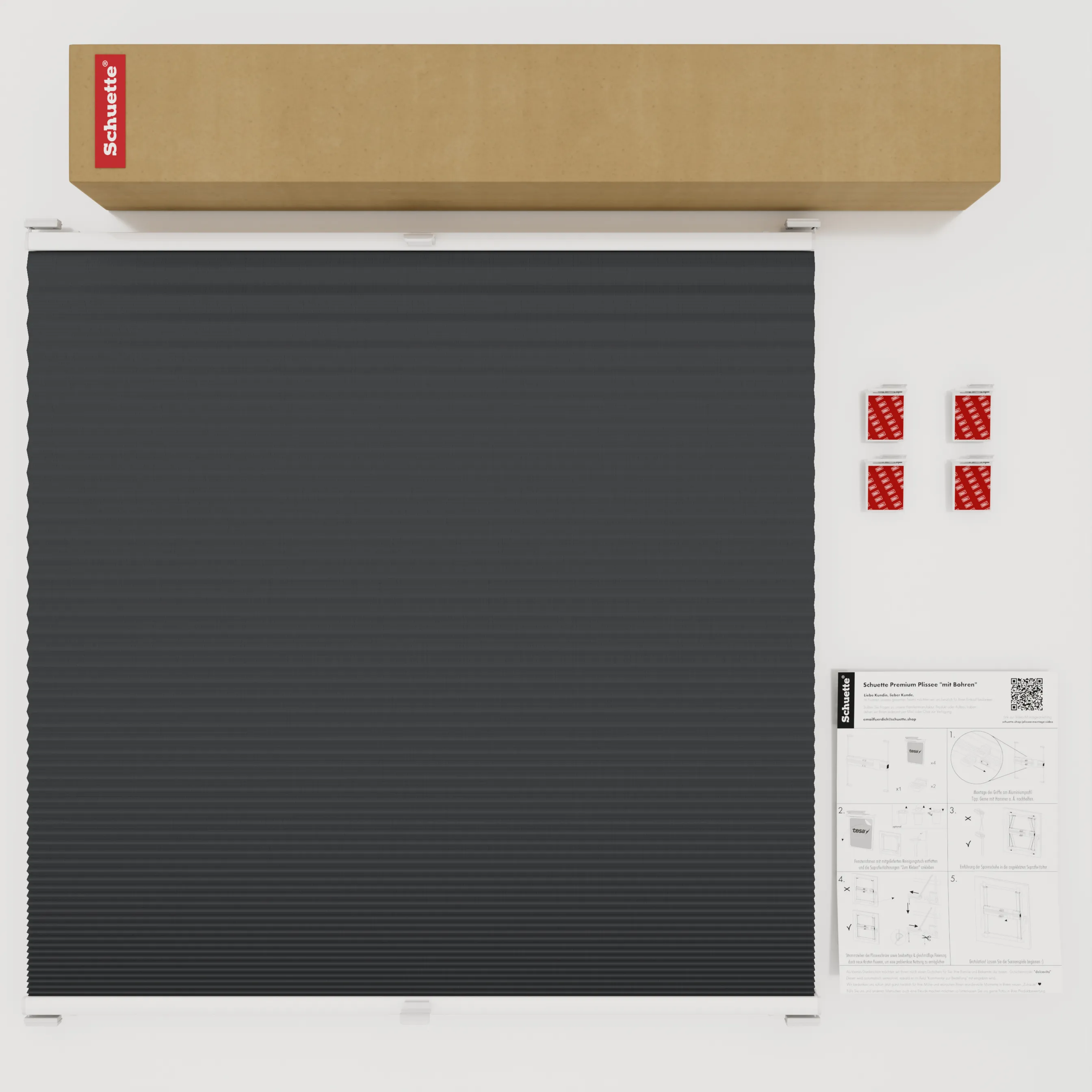 Schuette® Wabenplissee ohne Bohren nach Maß • Klebehalter & Schraubhalter 2in1 Set "Letsbond" • Honey Kollektion: Night Rider (Anthrazit) • Profilfarbe: Silber