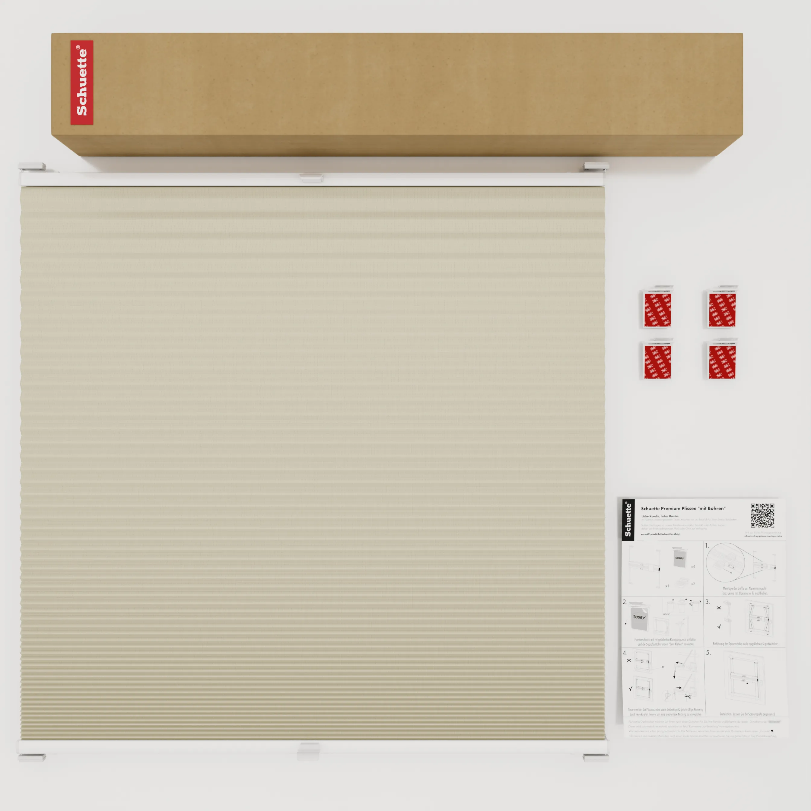 Schuette® Wabenplissee ohne Bohren nach Maß • Klebehalter & Schraubhalter 2in1 Set "Letsbond" Transparent • Honey Kollektion: Belgian Waffle (Creme) • Profilfarbe: Eiche