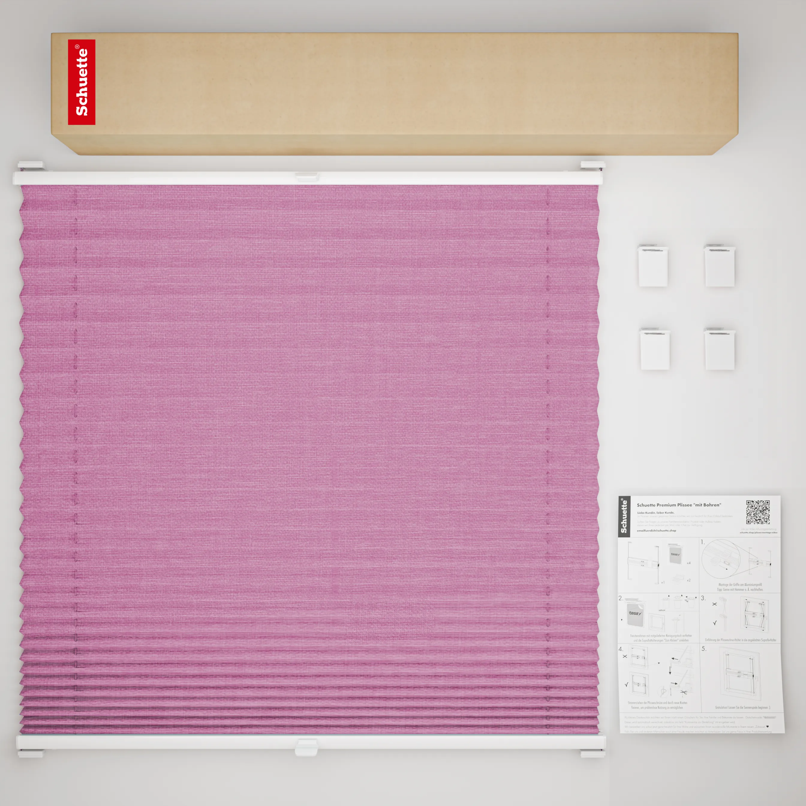 Schuette® Plissee ohne Bohren nach Maß • Suprafix Halterung “Zum Kleben” • Melange Kollektion: Magic Pink (Rosa) • Profilfarbe: Weiß