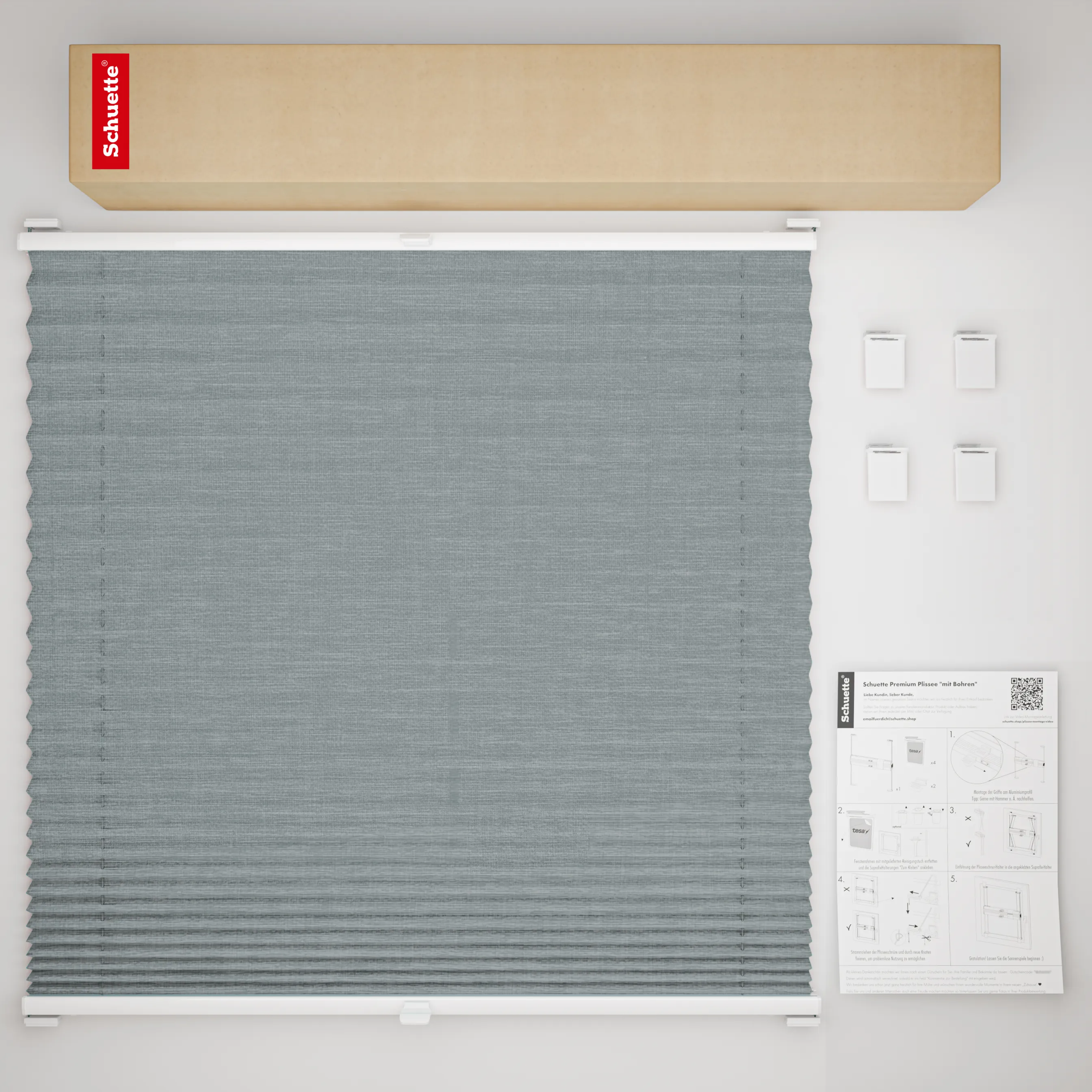 Schuette® Plissee ohne Bohren nach Maß • Suprafix Halterung “Zum Kleben” • Melange Kollektion: Rocky Mountain (Grau) • Profilfarbe: Braun