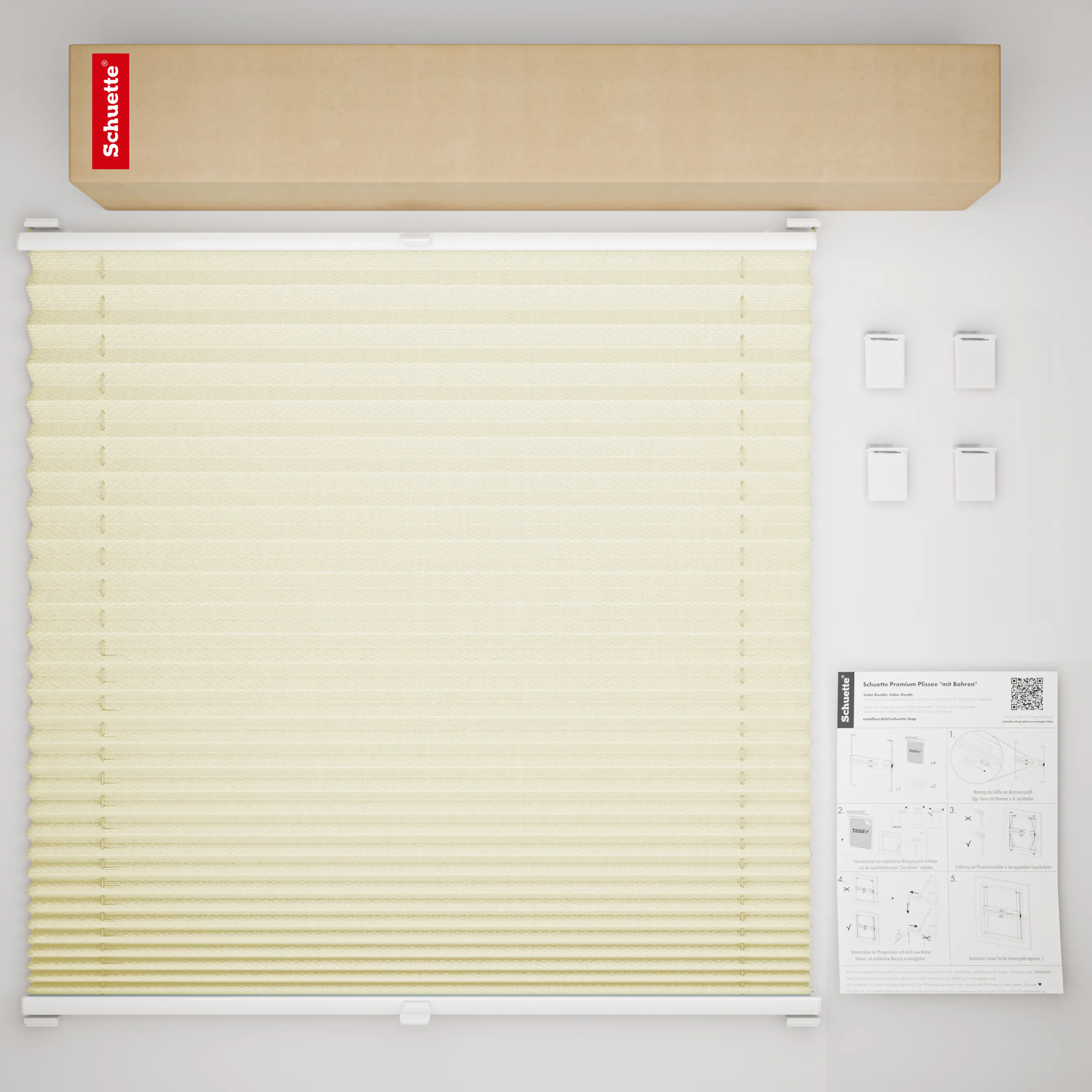 Schuette® Plissee ohne Bohren nach Maß • Suprafix Halterung “Zum Kleben” • Premium Kollektion: Vanilla Ice Cream (Creme) • Profilfarbe: Walnuss