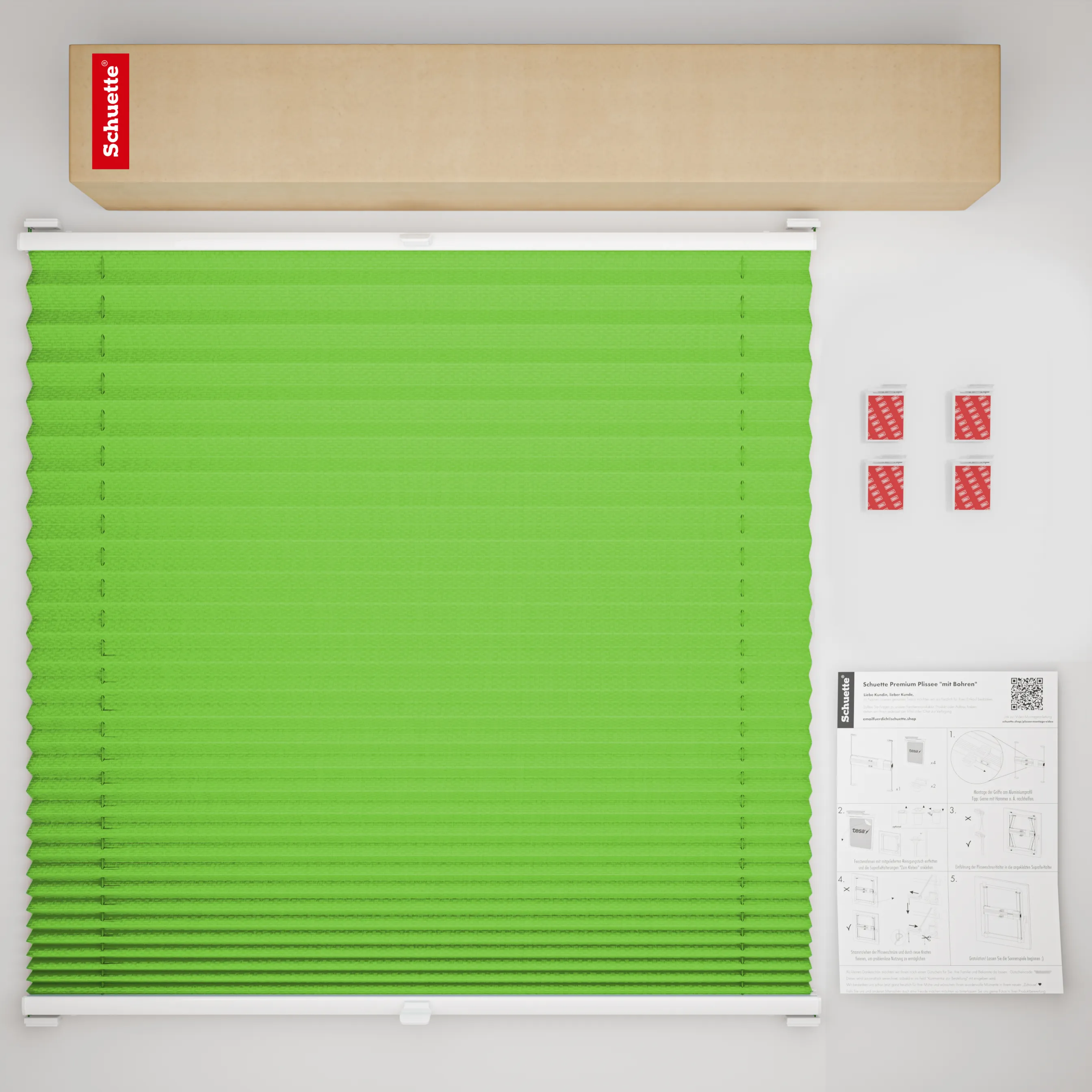 Schuette® Plissee ohne Bohren nach Maß • Suprafix Halterung “Zum Kleben” • Premium Kollektion: Green Meadow (Grün) • Profilfarbe: Silber