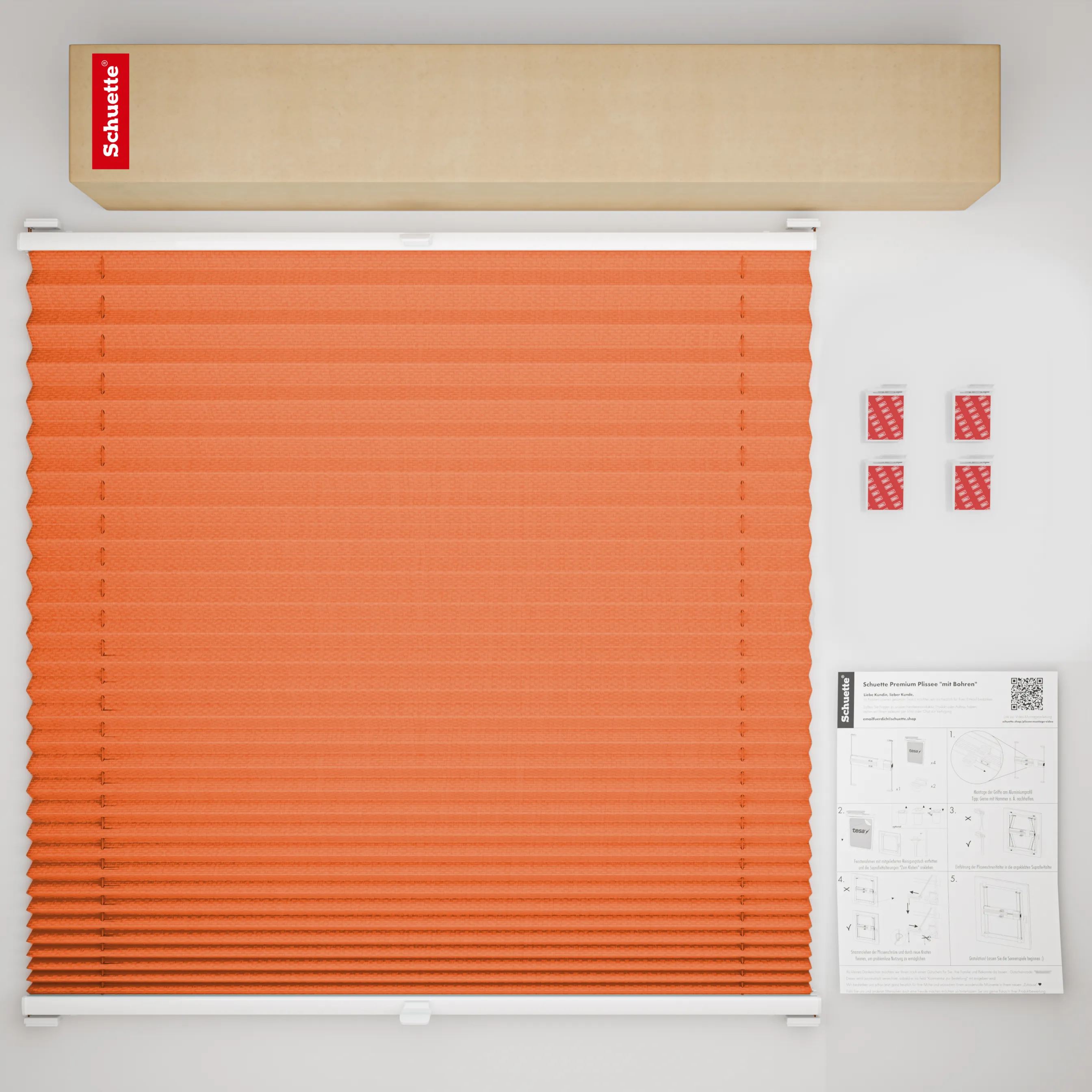 Schuette® Plissee ohne Bohren nach Maß • Suprafix Halterung “Zum Kleben” • Premium Kollektion: Sunset (Orange) • Profilfarbe: Weiß