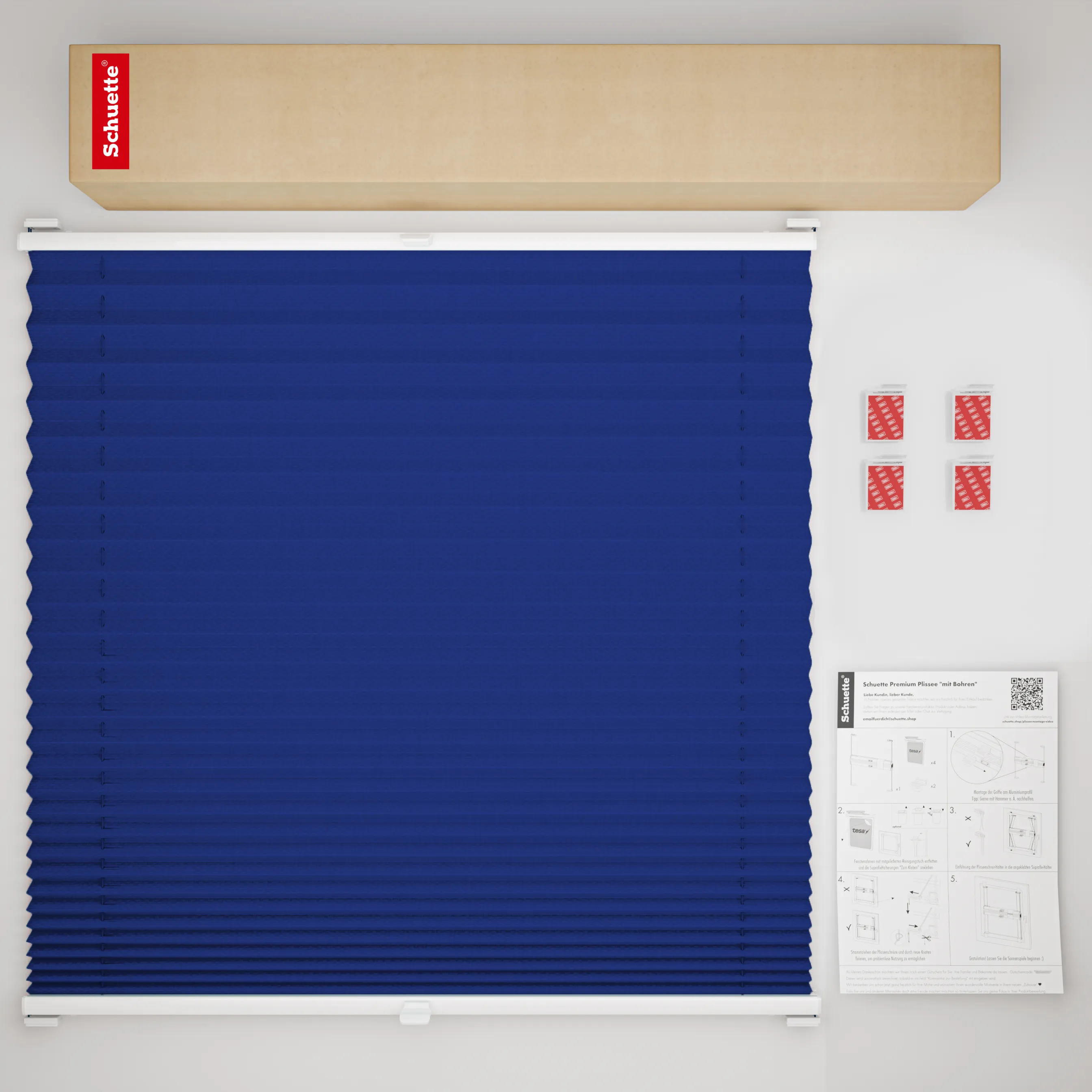 Schuette® Plissee ohne Bohren nach Maß • Suprafix Halterung “Zum Kleben” • Premium Kollektion: Deep Lagoon (Blau) • Profilfarbe: Braun