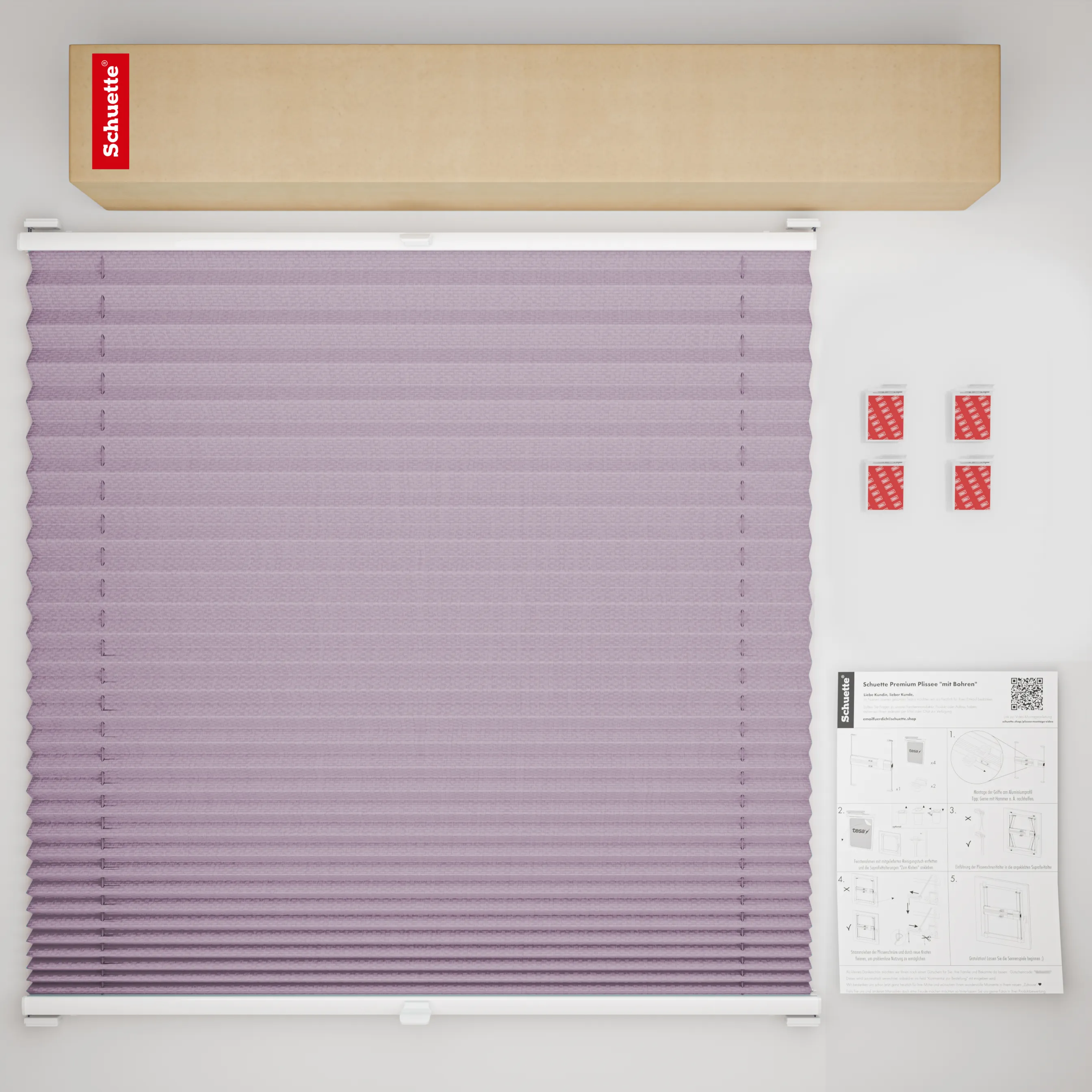 Schuette® Plissee ohne Bohren nach Maß • Suprafix Halterung “Zum Kleben” • Premium Kollektion: Plum Charm (Lila) • Profilfarbe: Walnuss