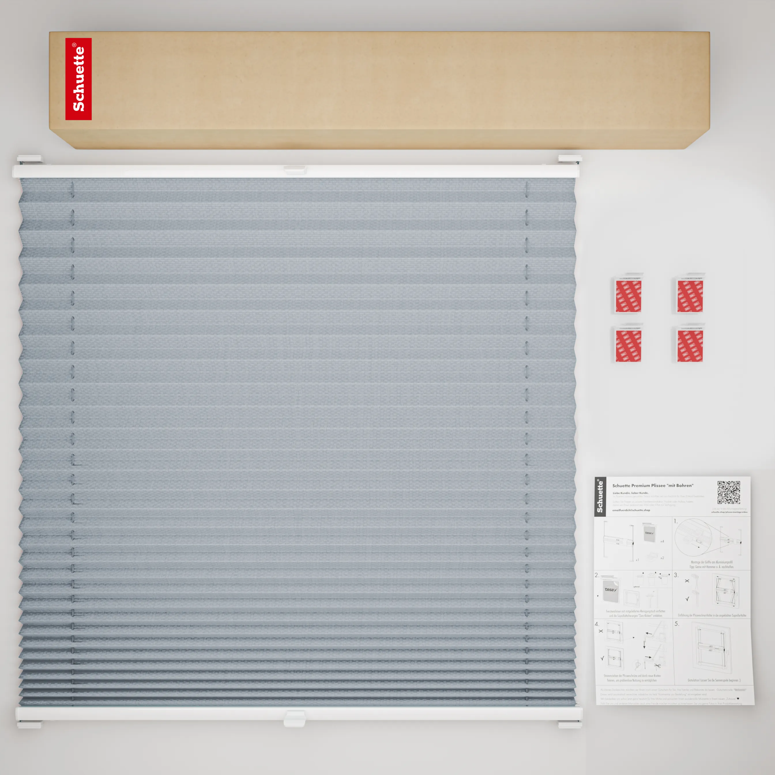 Schuette® Plissee ohne Bohren nach Maß • Suprafix Halterung “Zum Kleben” • Premium Kollektion: Silver Sonata (Grau) • Profilfarbe: Braun