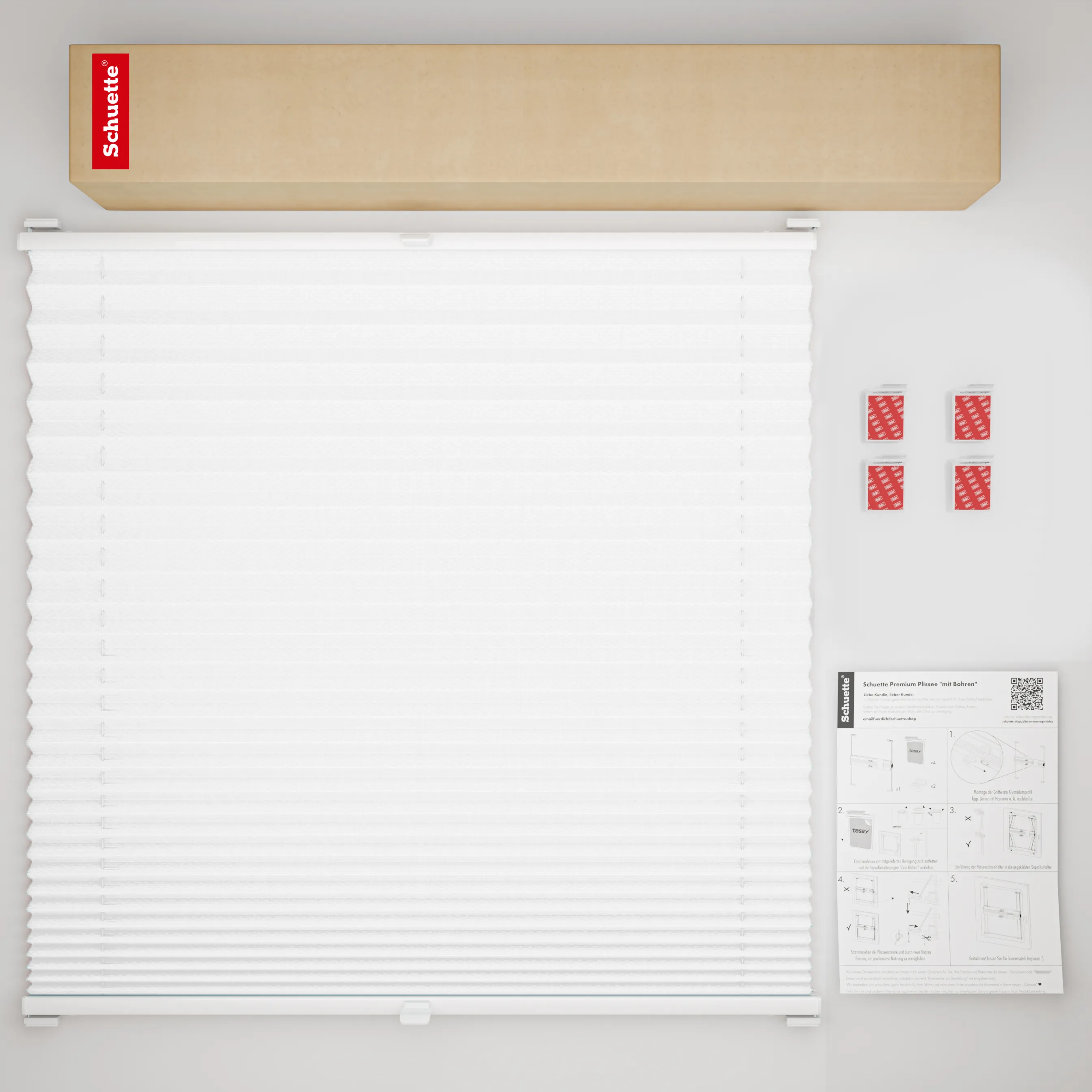 Schuette® Plissee ohne Bohren nach Maß • Suprafix Halterung “Zum Kleben” • Thermo Kollektion: White Day (Weiß) • Profilfarbe: Eiche