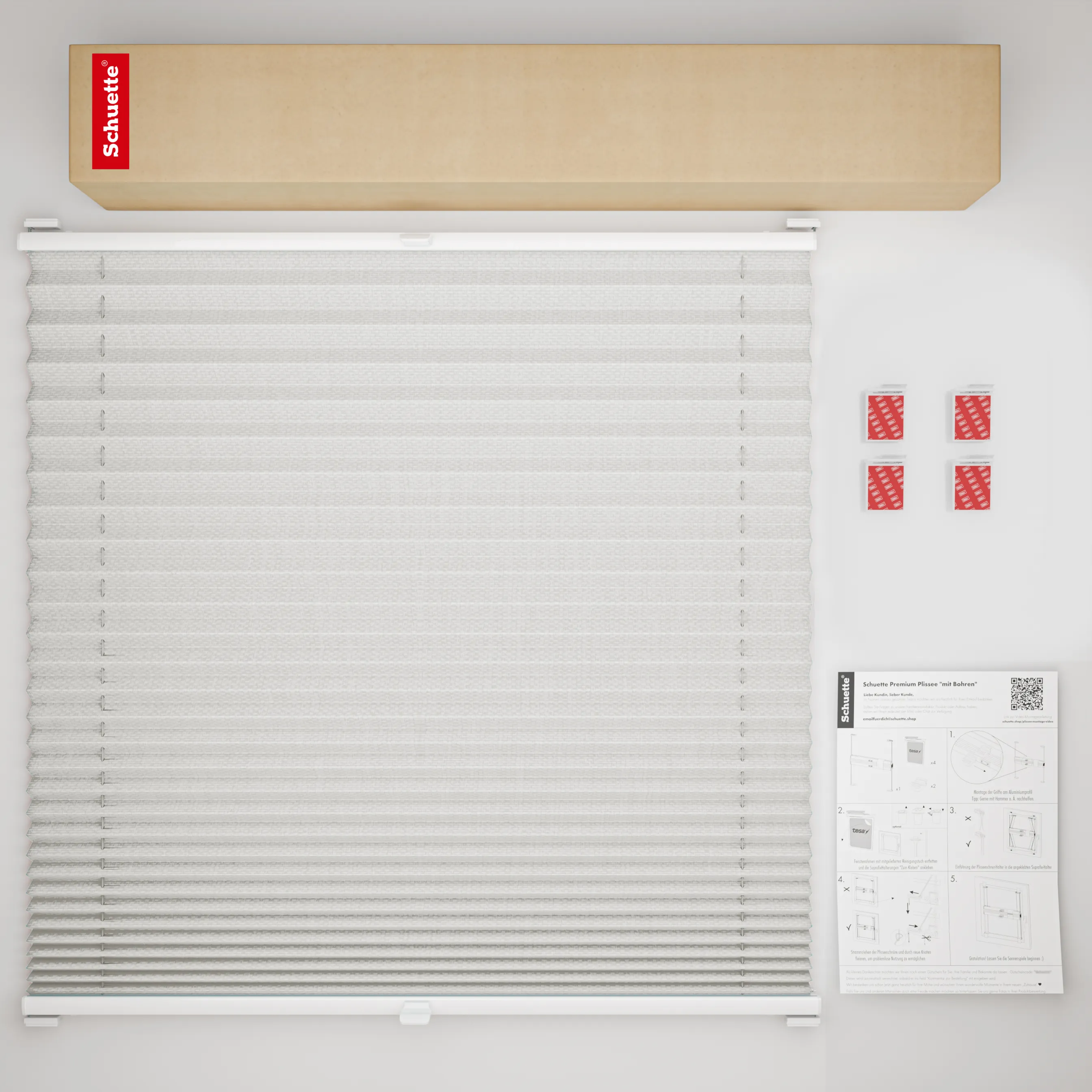 Schuette® Plissee ohne Bohren nach Maß • Suprafix Halterung “Zum Kleben” • Thermo Kollektion: Spring Cloud (Grau) • Profilfarbe: Anthrazit