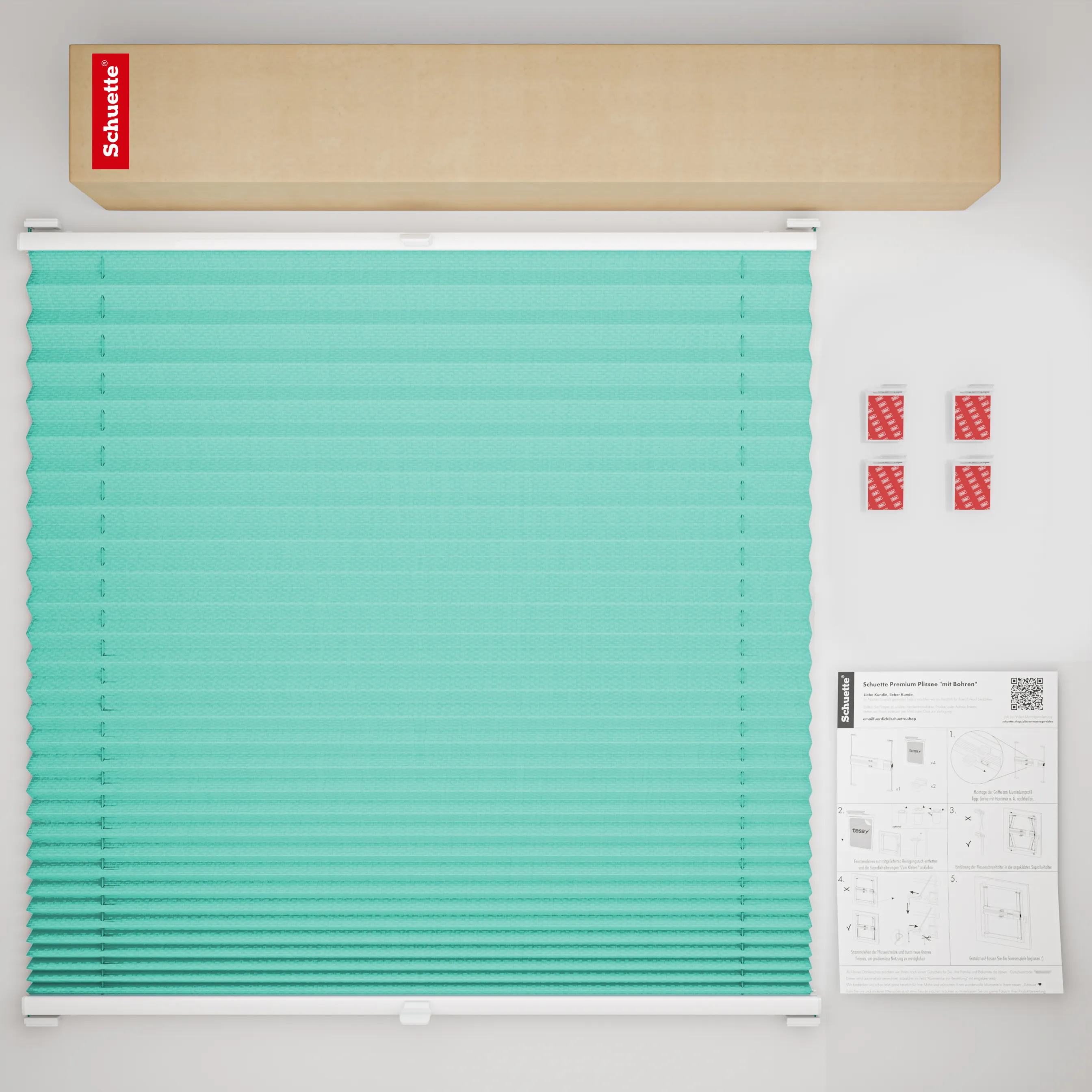 Schuette® Plissee ohne Bohren nach Maß • Suprafix Halterung “Zum Kleben” • Thermo Kollektion: Tide Tune (Türkis) • Profilfarbe: Anthrazit