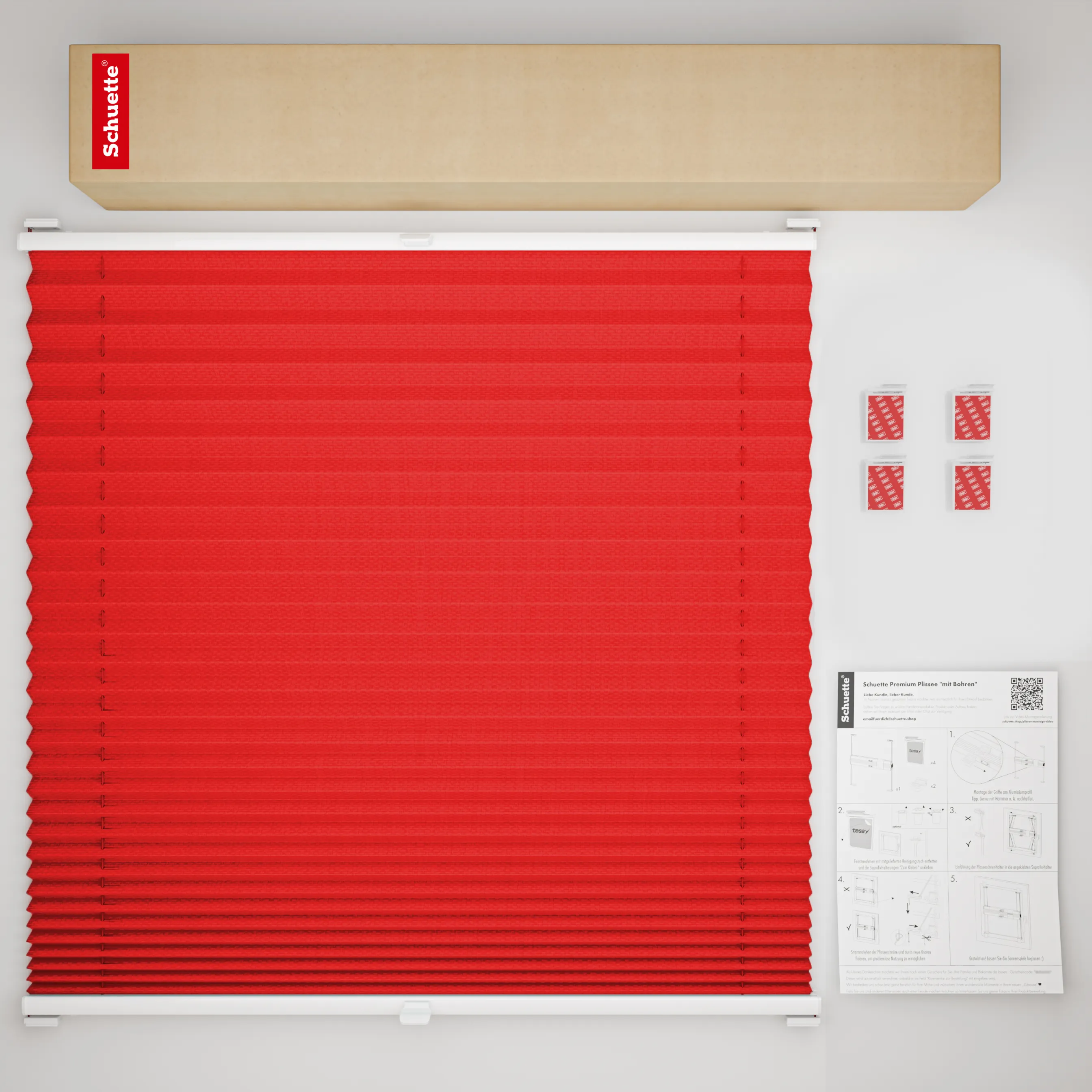 Schuette® Plissee ohne Bohren nach Maß • Suprafix Halterung “Zum Kleben” • Thermo Kollektion: Cherry Charm (Rot) • Profilfarbe: Weiß