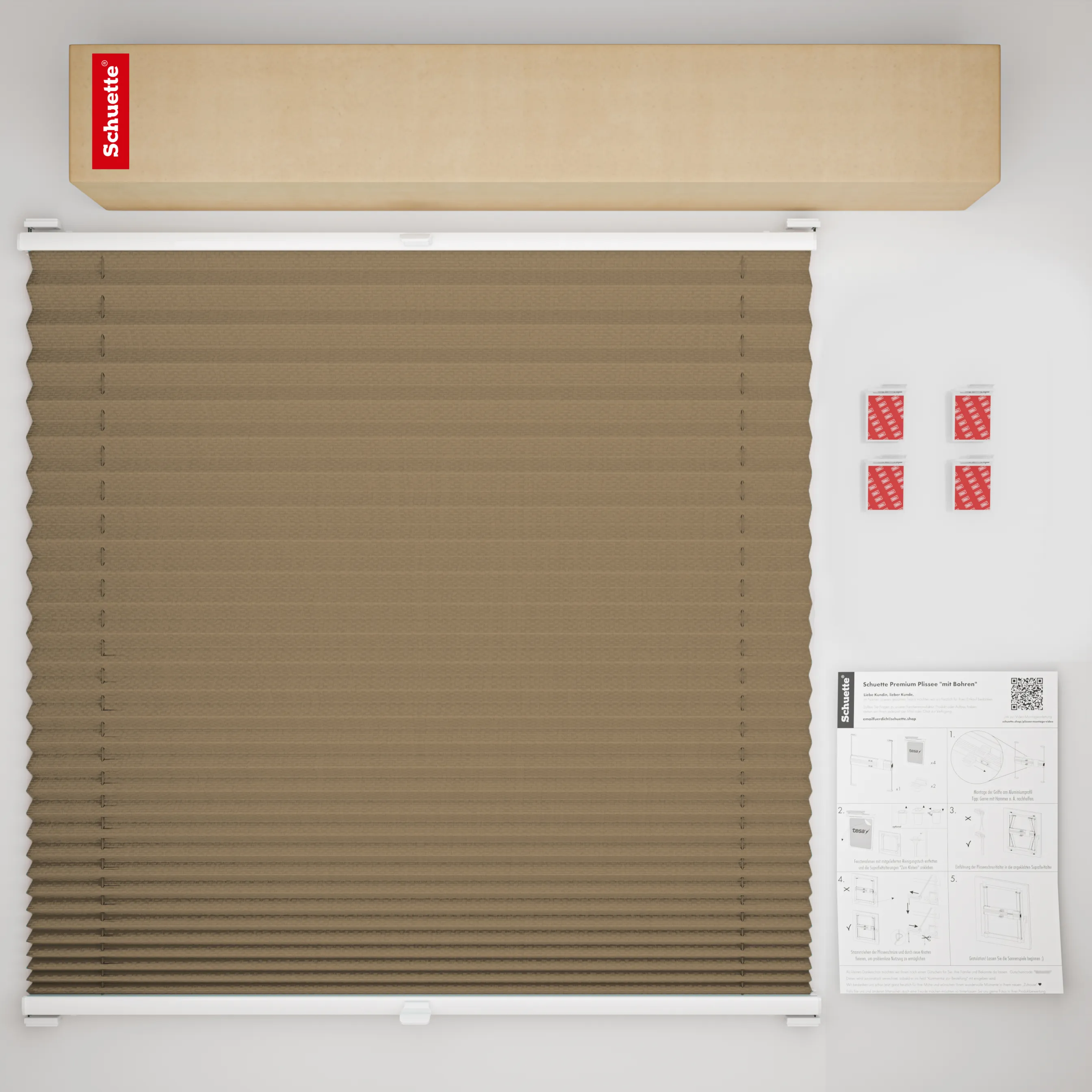 Schuette® Plissee ohne Bohren nach Maß • Suprafix Halterung “Zum Kleben” • Thermo Kollektion: Mocha Dream (Hellbraun) • Profilfarbe: Walnuss