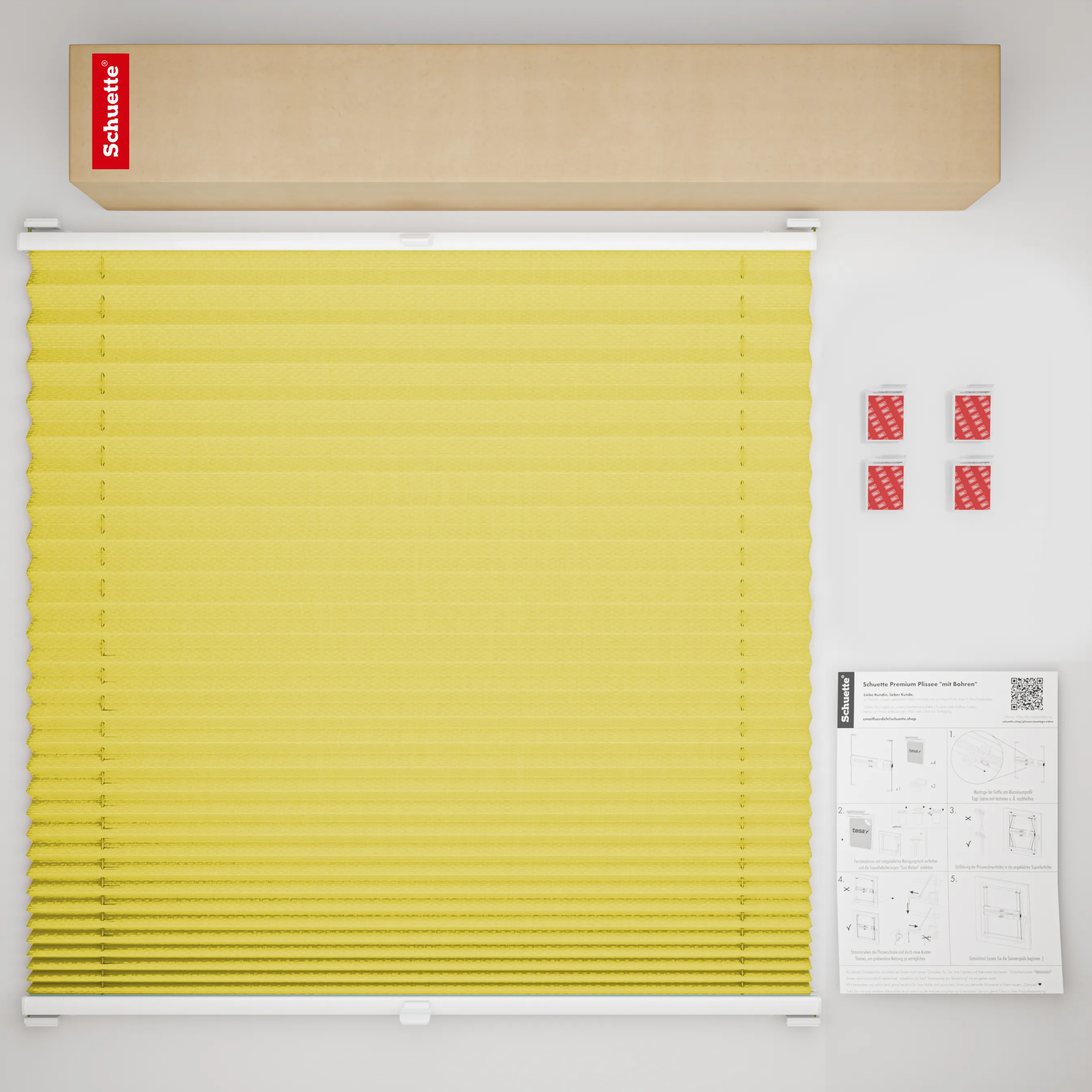 Schuette® Plissee ohne Bohren nach Maß • Suprafix Halterung “Zum Kleben” • Thermo Kollektion: Sunflower (Gelb) • Profilfarbe: Braun