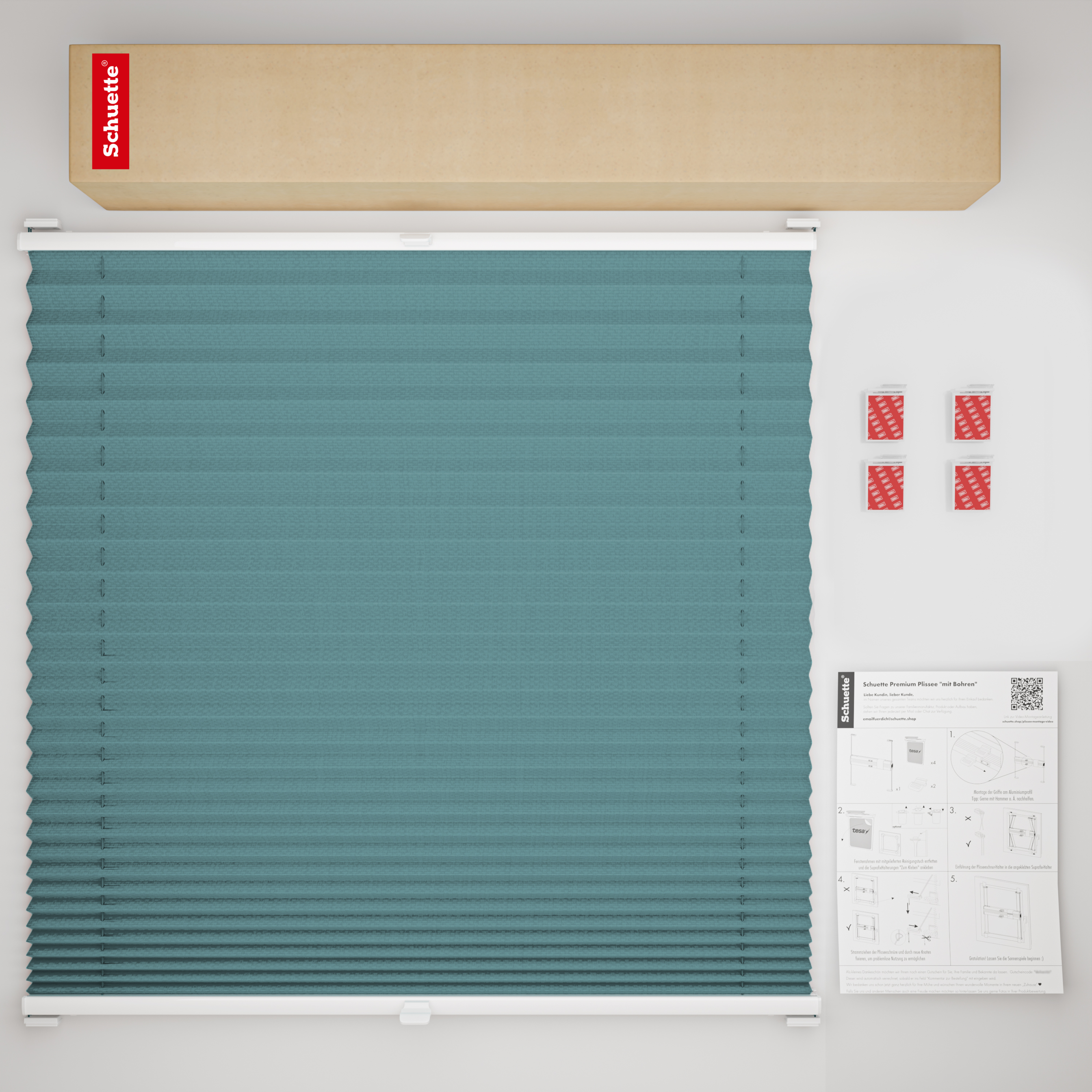 Schuette® Plissee ohne Bohren nach Maß • Suprafix Halterung “Zum Kleben” • Thermo Kollektion: Teal Aura (Türkis) • Profilfarbe: Eiche