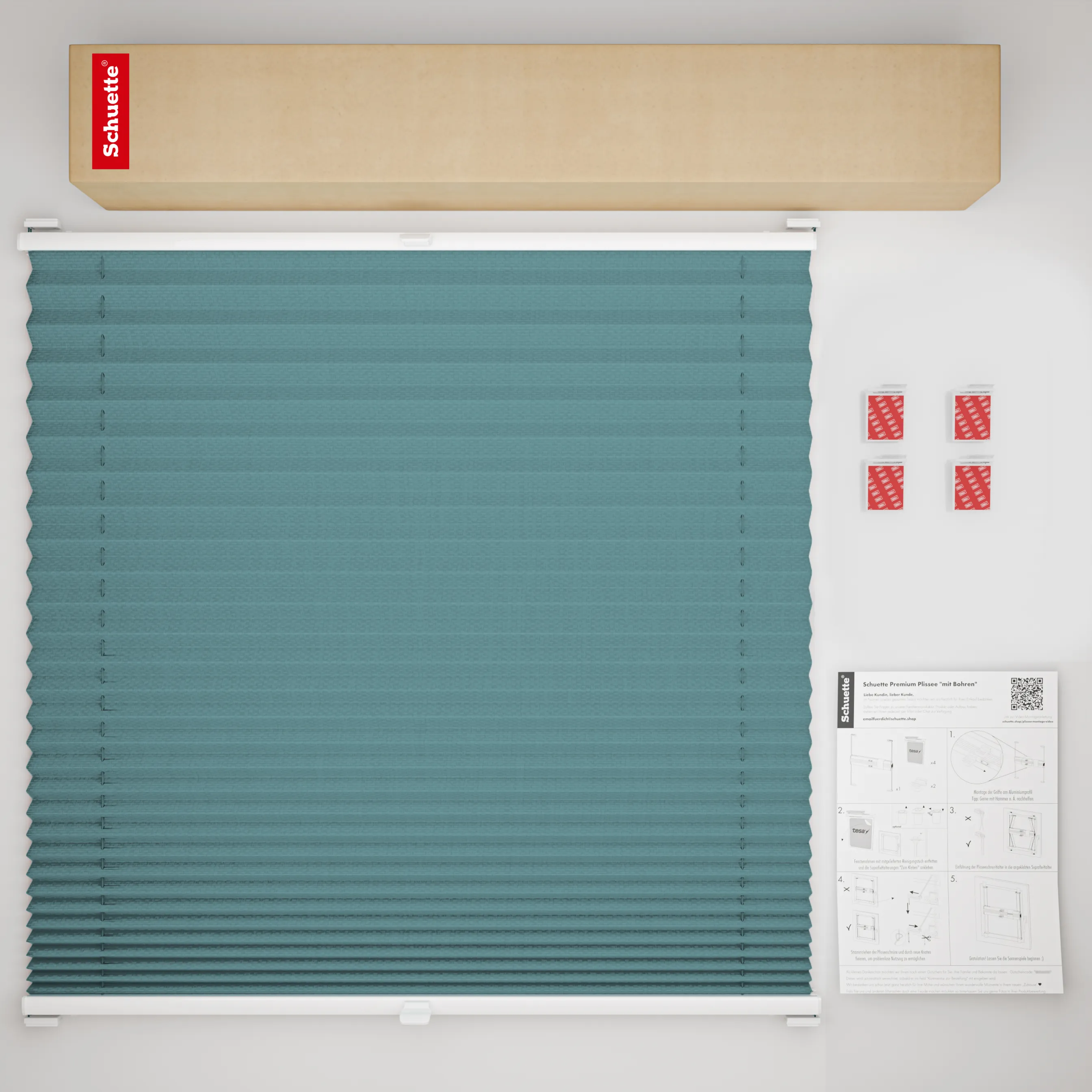 Schuette® Plissee ohne Bohren nach Maß • Suprafix Halterung “Zum Kleben” • Thermo Kollektion: Teal Aura (Türkis) • Profilfarbe: Walnuss