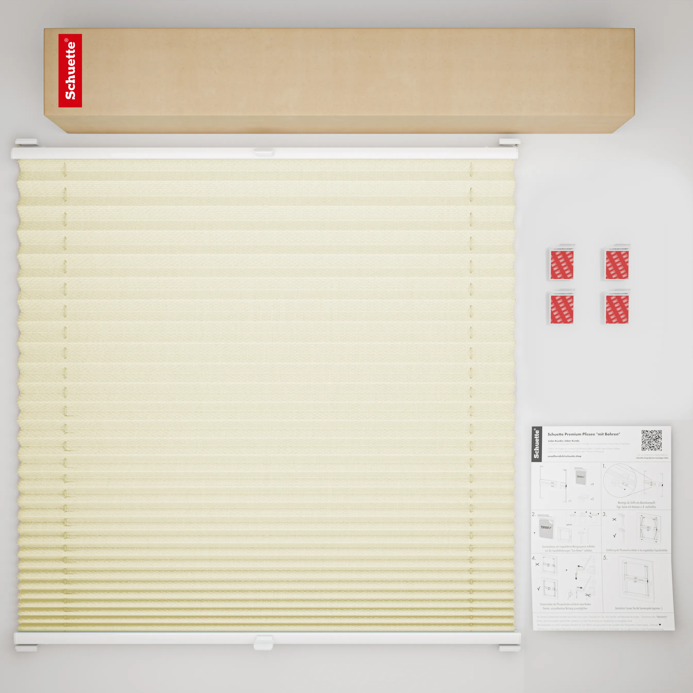 Schuette® Plissee ohne Bohren nach Maß • Suprafix Halterung “Zum Kleben” • Thermo Kollektion: Sandstone (Beige) • Profilfarbe: Weiß