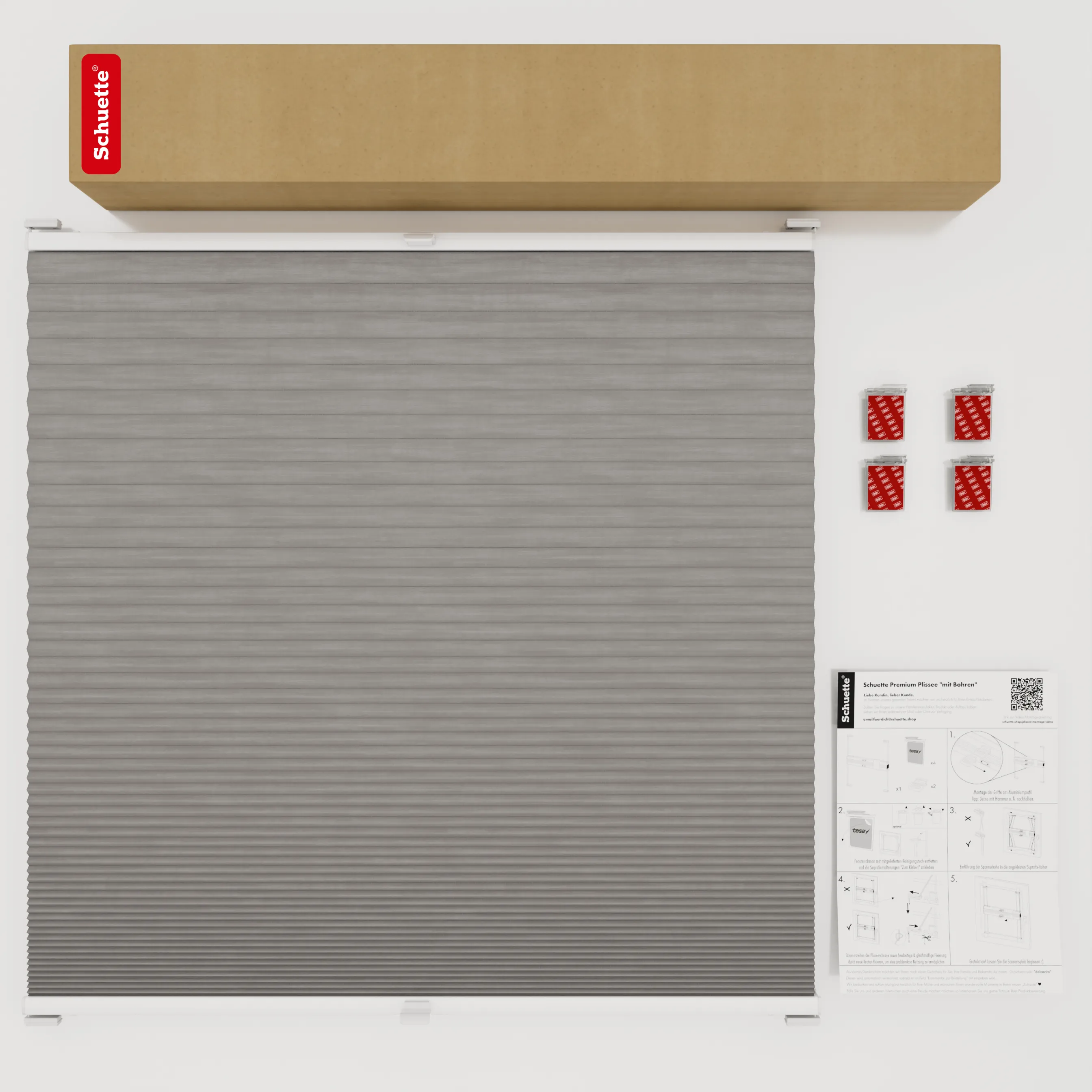 Schuette® Wabenplissee ohne Bohren nach Maß • Klebehalter & Schraubhalter 2in1 Set "Letsbond" Transparent • Thermo x Honey Kollektion: Overbaked (Grau) • Profilfarbe: Braun