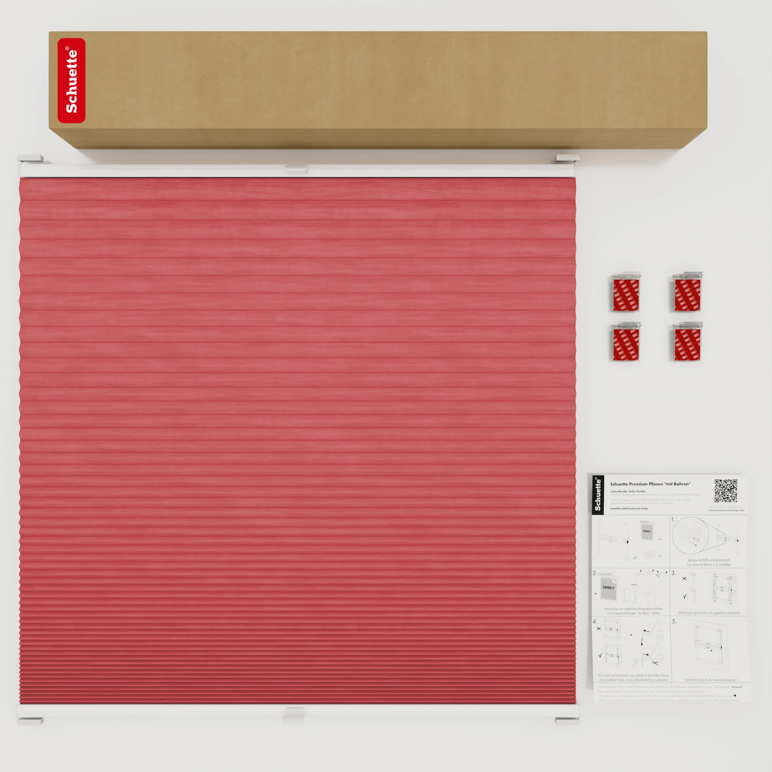 Schuette® Wabenplissee ohne Bohren nach Maß • Klebehalter & Schraubhalter 2in1 Set "Letsbond" Transparent • Thermo x Honey Kollektion: Cherrished (Rot) • Profilfarbe: Braun