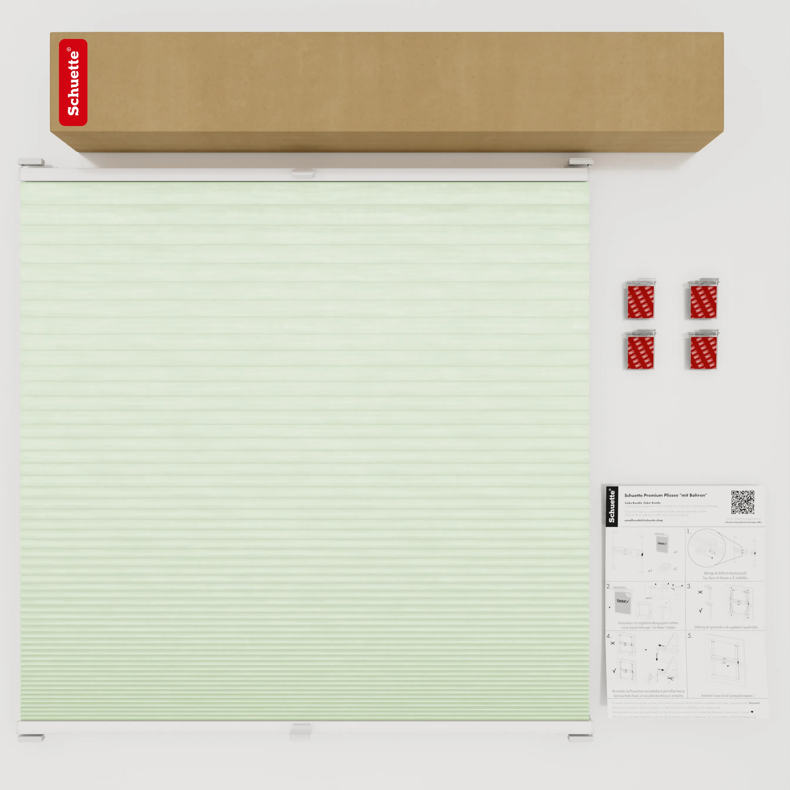 Schuette® Wabenplissee ohne Bohren nach Maß • Klebehalter & Schraubhalter 2in1 Set "Letsbond" Transparent • Thermo x Honey Kollektion: Let’s Matcha! (Pastellgrün) • Profilfarbe: Weiß