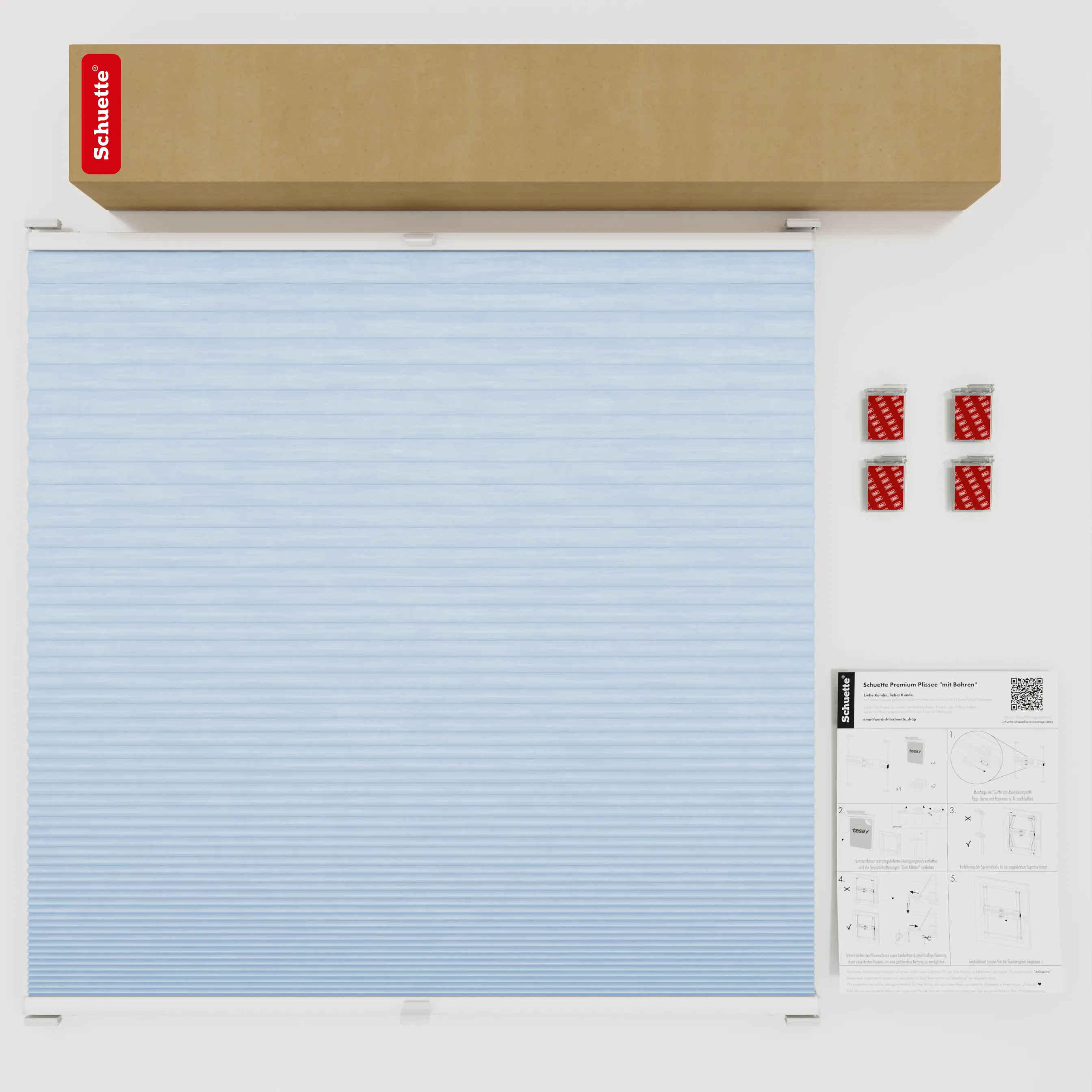 Schuette® Wabenplissee ohne Bohren nach Maß • Klebehalter & Schraubhalter 2in1 Set "Letsbond" Transparent • Thermo x Honey Kollektion: Ice Pop (Hellblau) • Profilfarbe: Weiß