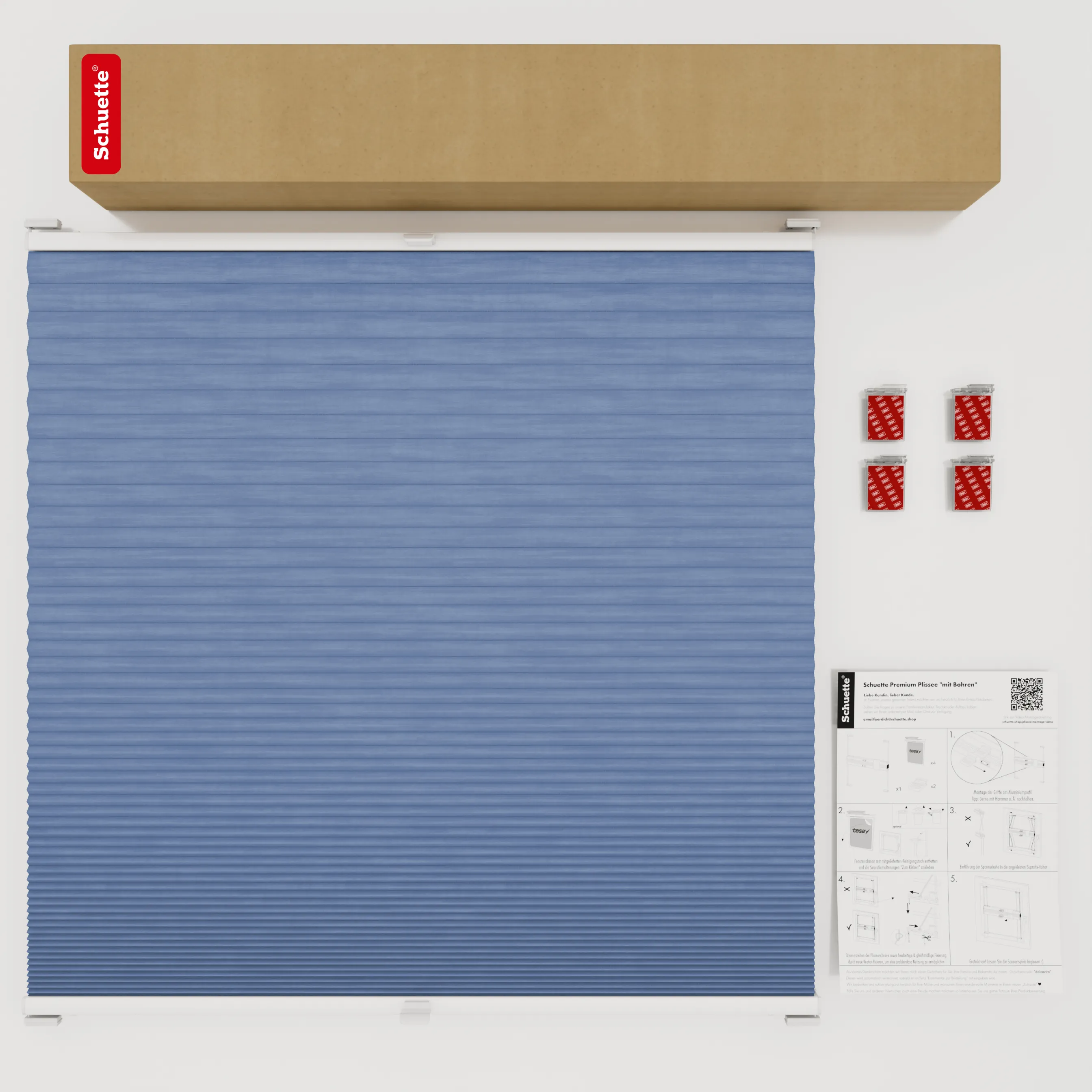 Schuette® Wabenplissee ohne Bohren nach Maß • Klebehalter & Schraubhalter 2in1 Set "Letsbond" Transparent • Thermo x Honey Kollektion: Blue Velvet (Blau) • Profilfarbe: Weiß