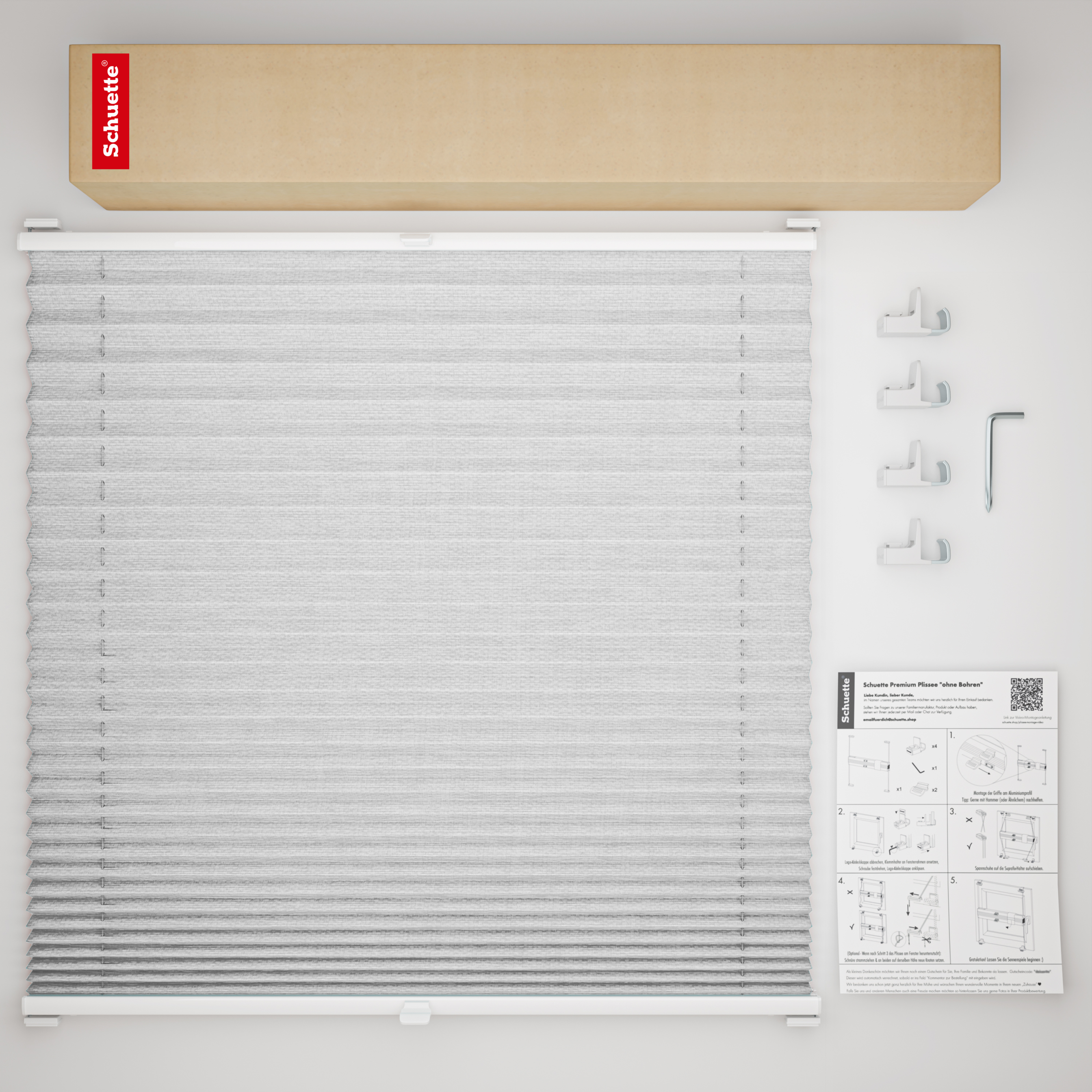Schuette® Plissee ohne Bohren nach Maß • Suprafix Klemmhalter “Zum Festdrehen” • Dolomite Kollektion: Storm Gray (Grau) • Profilfarbe: Weiß