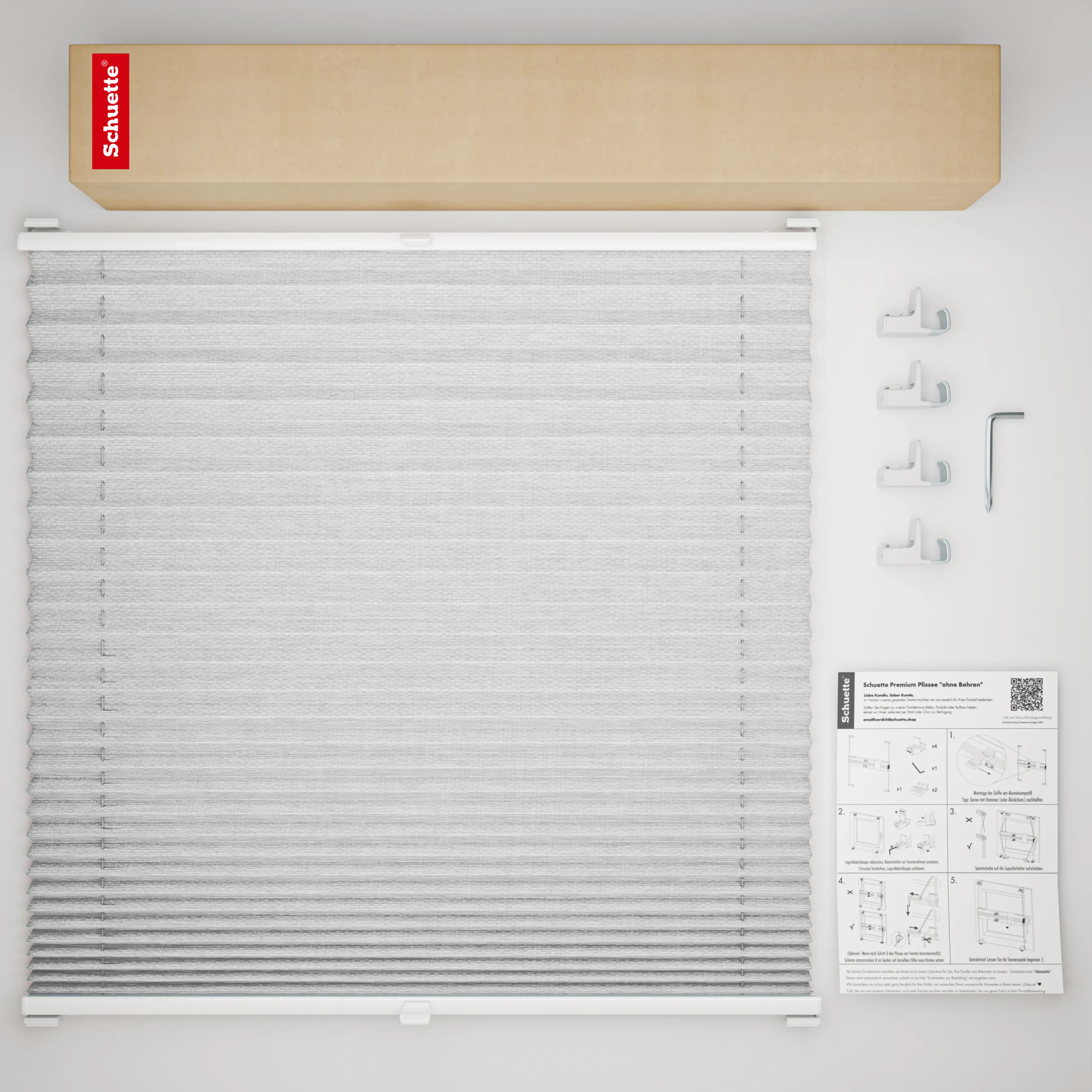 Schuette® Plissee ohne Bohren nach Maß • Suprafix Klemmhalter "X" • Dolomite Kollektion: Storm Gray (Grau) • Profilfarbe: Eiche