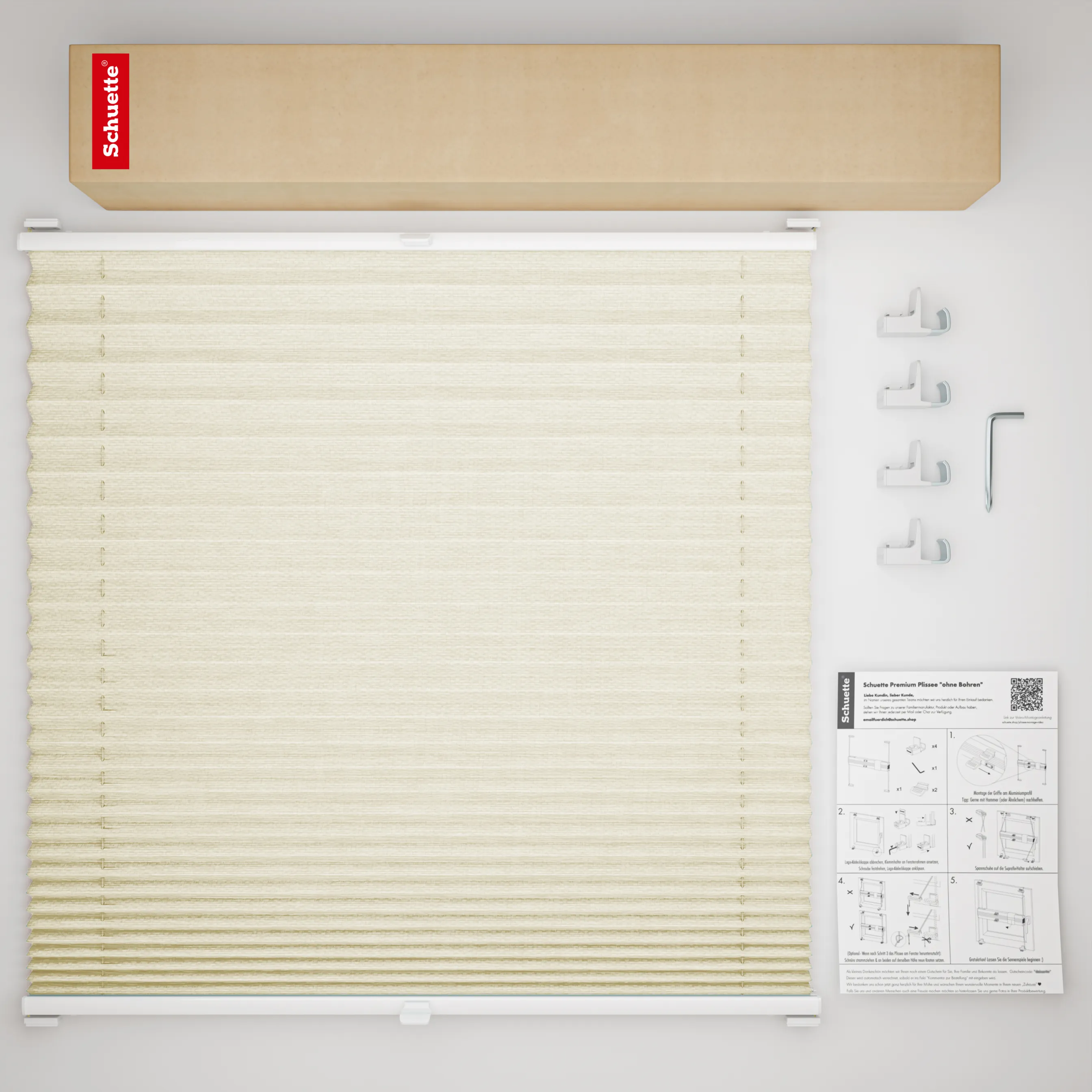 Schuette® Plissee ohne Bohren nach Maß • Suprafix Klemmhalter "X" • Dolomite Kollektion: Wet Stand (Beige) • Profilfarbe: Weiß