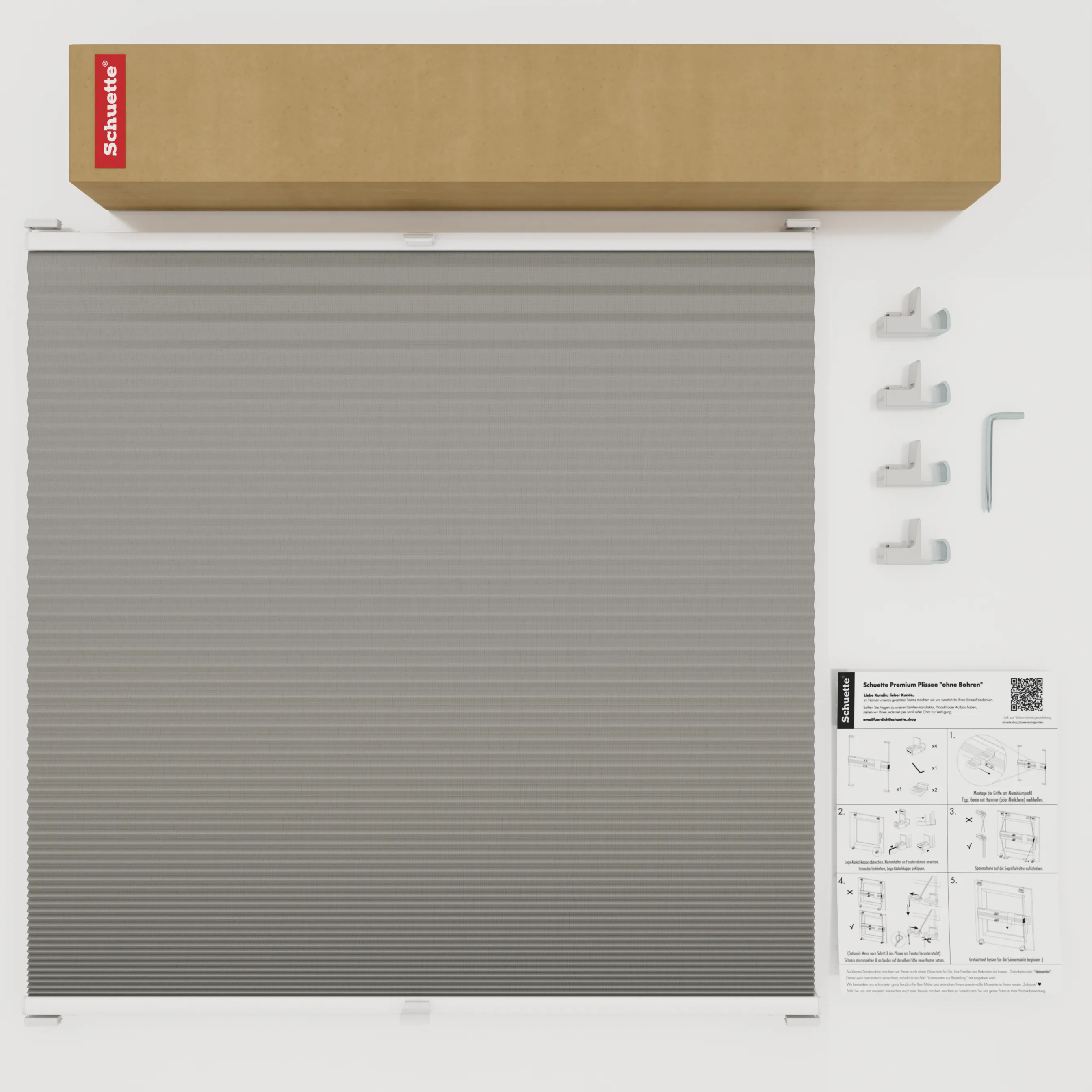 Schuette® Wabenplissee ohne Bohren nach Maß • Suprafix Klemmhalter "X" • Honey Kollektion: Silver Mist (Grau) • Profilfarbe: Weiß