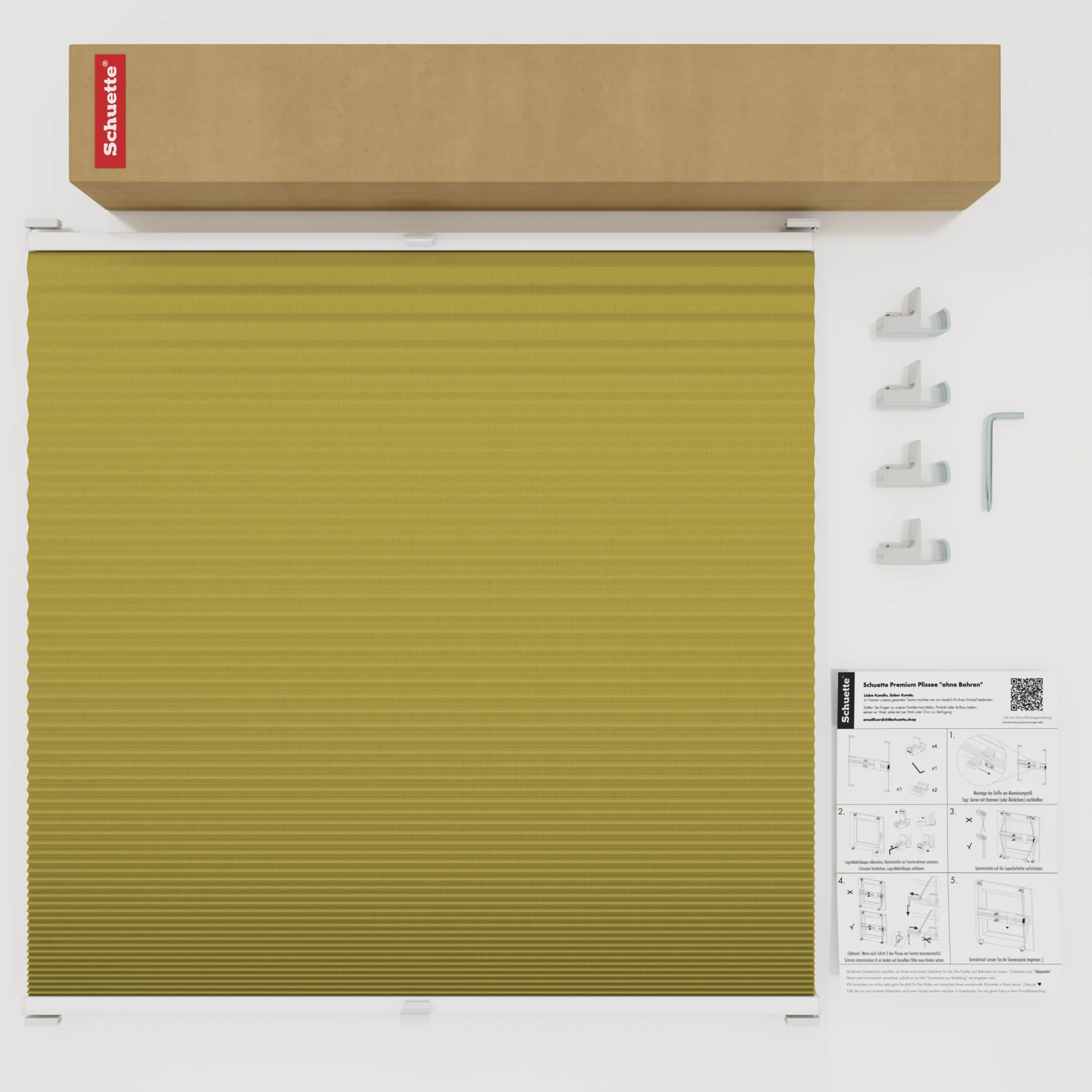 Schuette® Wabenplissee ohne Bohren nach Maß • Suprafix Klemmhalter "X" • Honey Kollektion: Olive Branch (Olivgrün) • Profilfarbe: Eiche