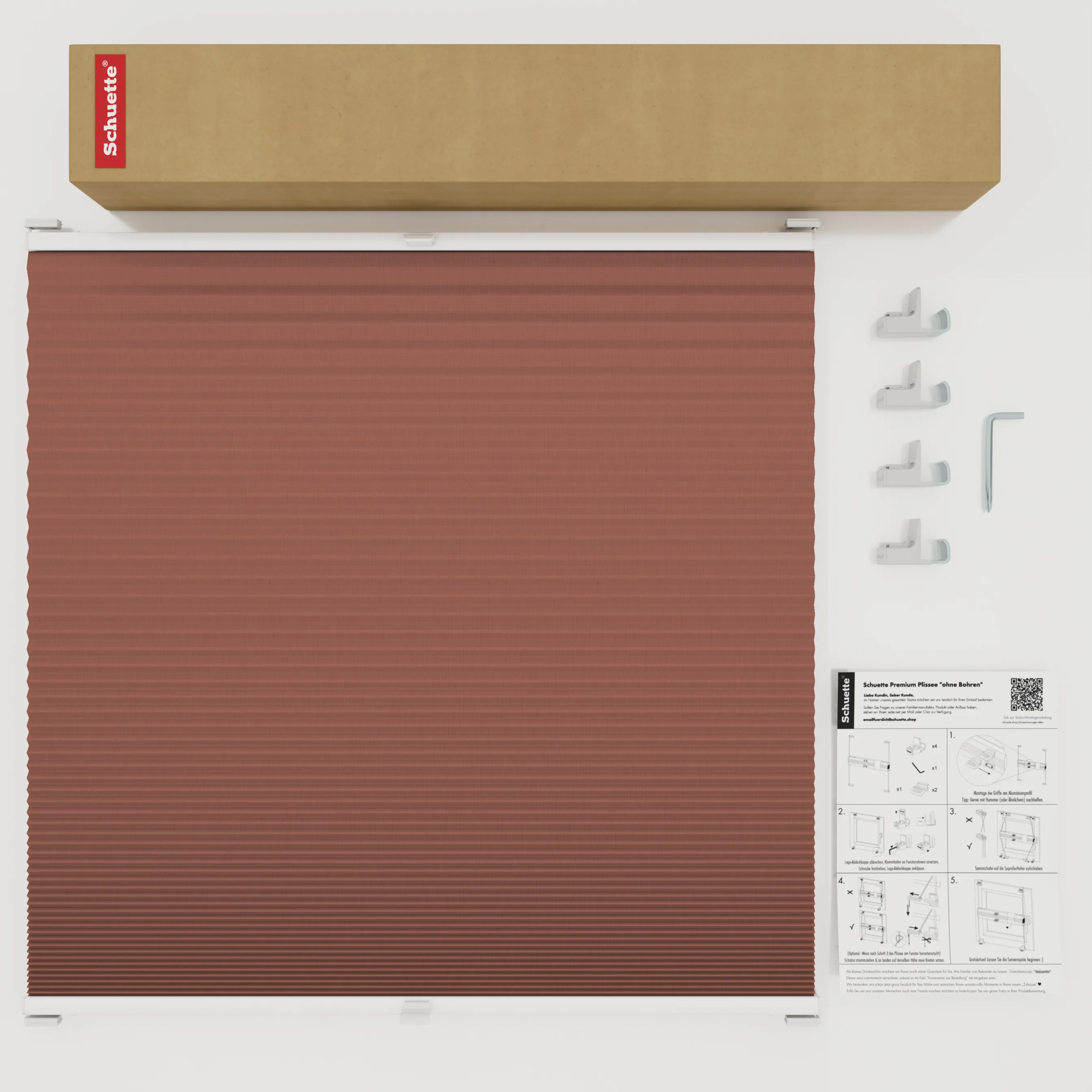 Schuette® Wabenplissee ohne Bohren nach Maß • Suprafix Klemmhalter "X" • Honey Kollektion: Poppy Petal (Dunkelrot) • Profilfarbe: Walnuss