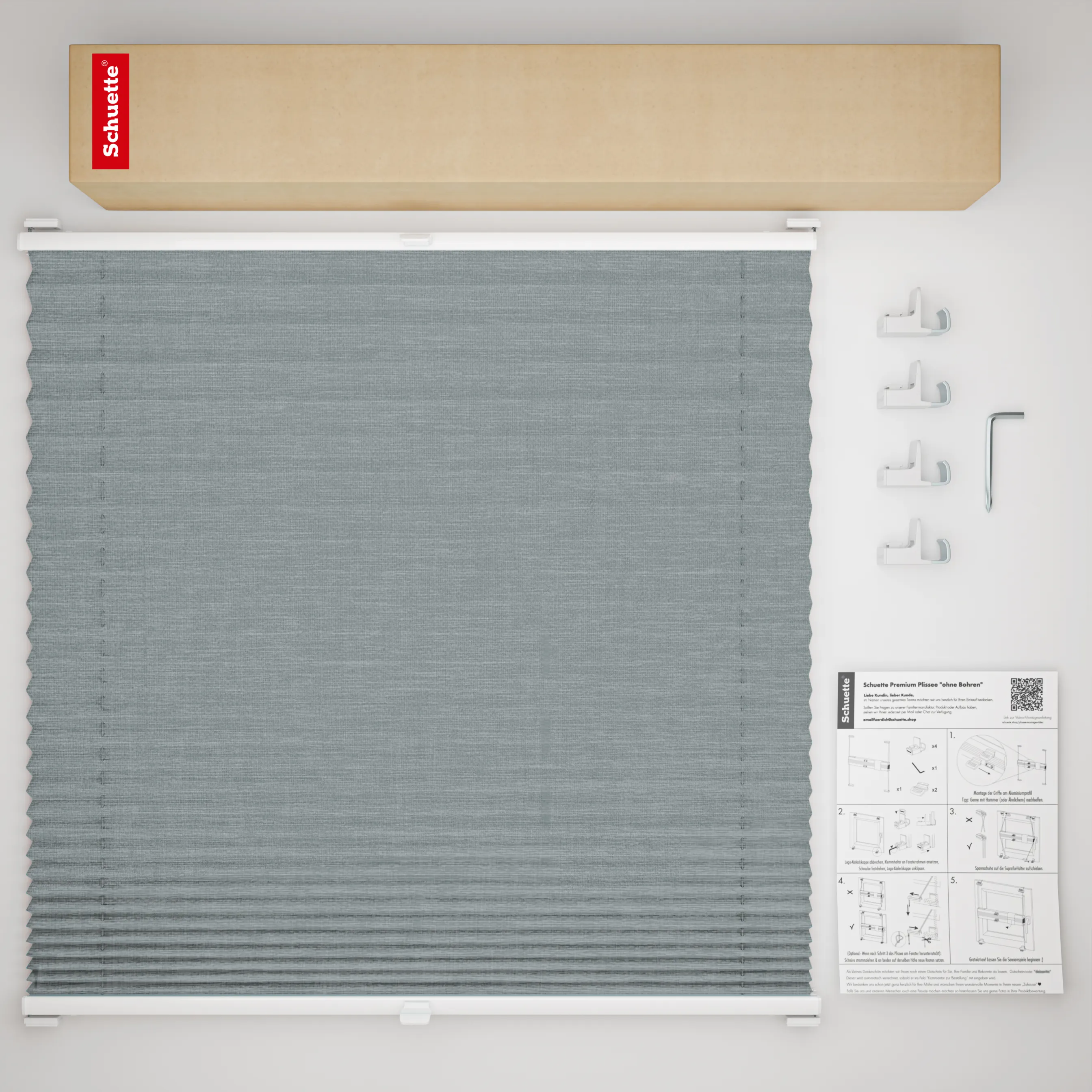 Schuette® Plissee ohne Bohren nach Maß • Suprafix Klemmhalter "X" • Melange Kollektion: Rocky Mountain (Grau) • Profilfarbe: Silber