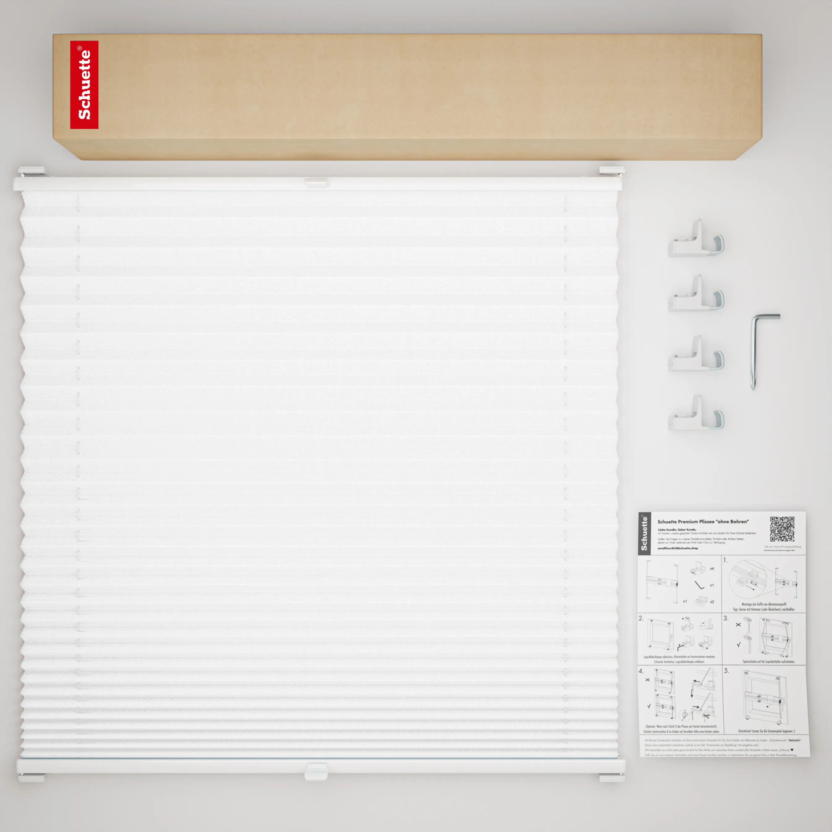 Schuette® Plissee ohne Bohren nach Maß • Suprafix Klemmhalter "X" • Premium Kollektion: White Day (Weiß) • Profilfarbe: Braun