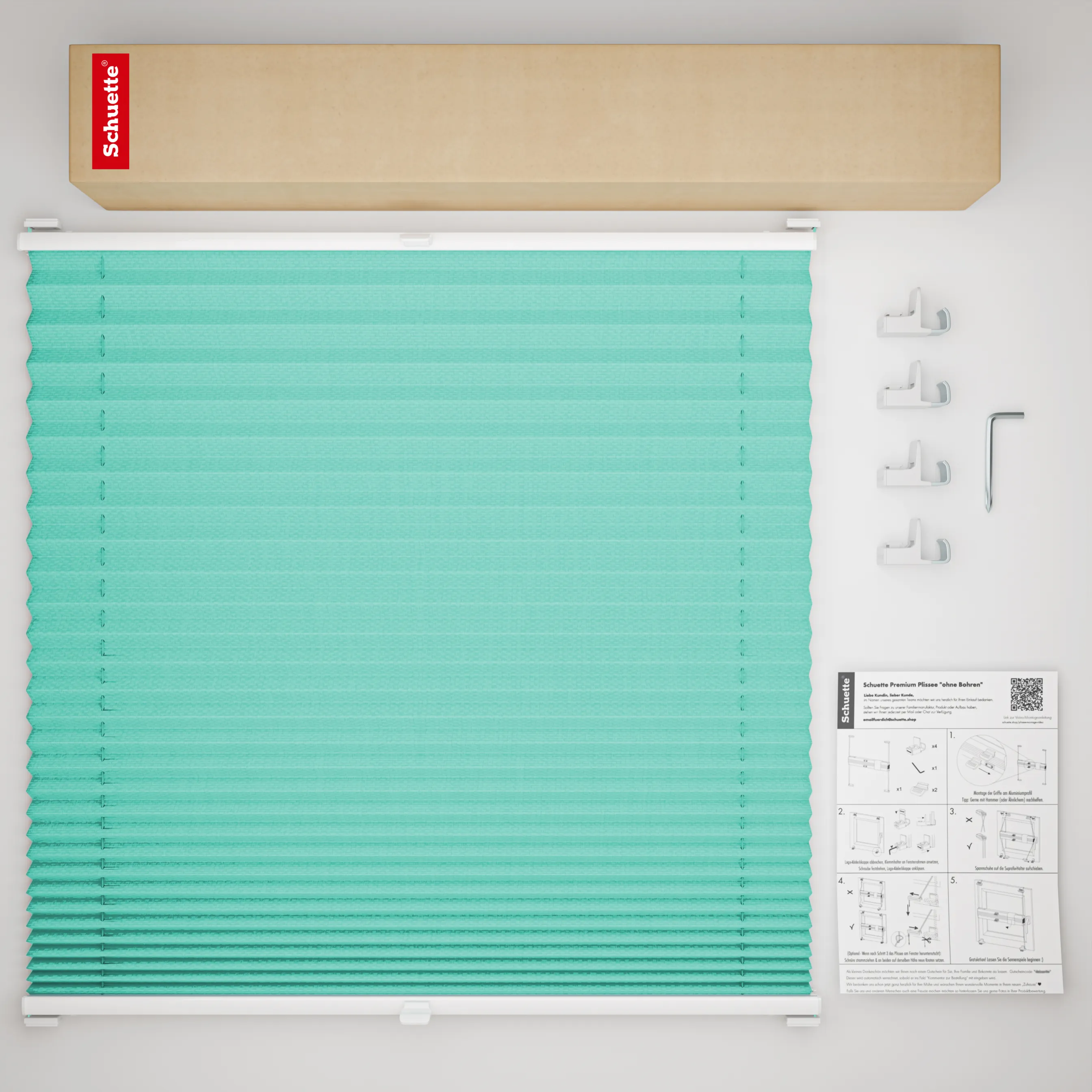 Schuette® Plissee ohne Bohren nach Maß • Suprafix Klemmhalter "X" • Thermo Kollektion: Tide Tune (Türkis) • Profilfarbe: Braun