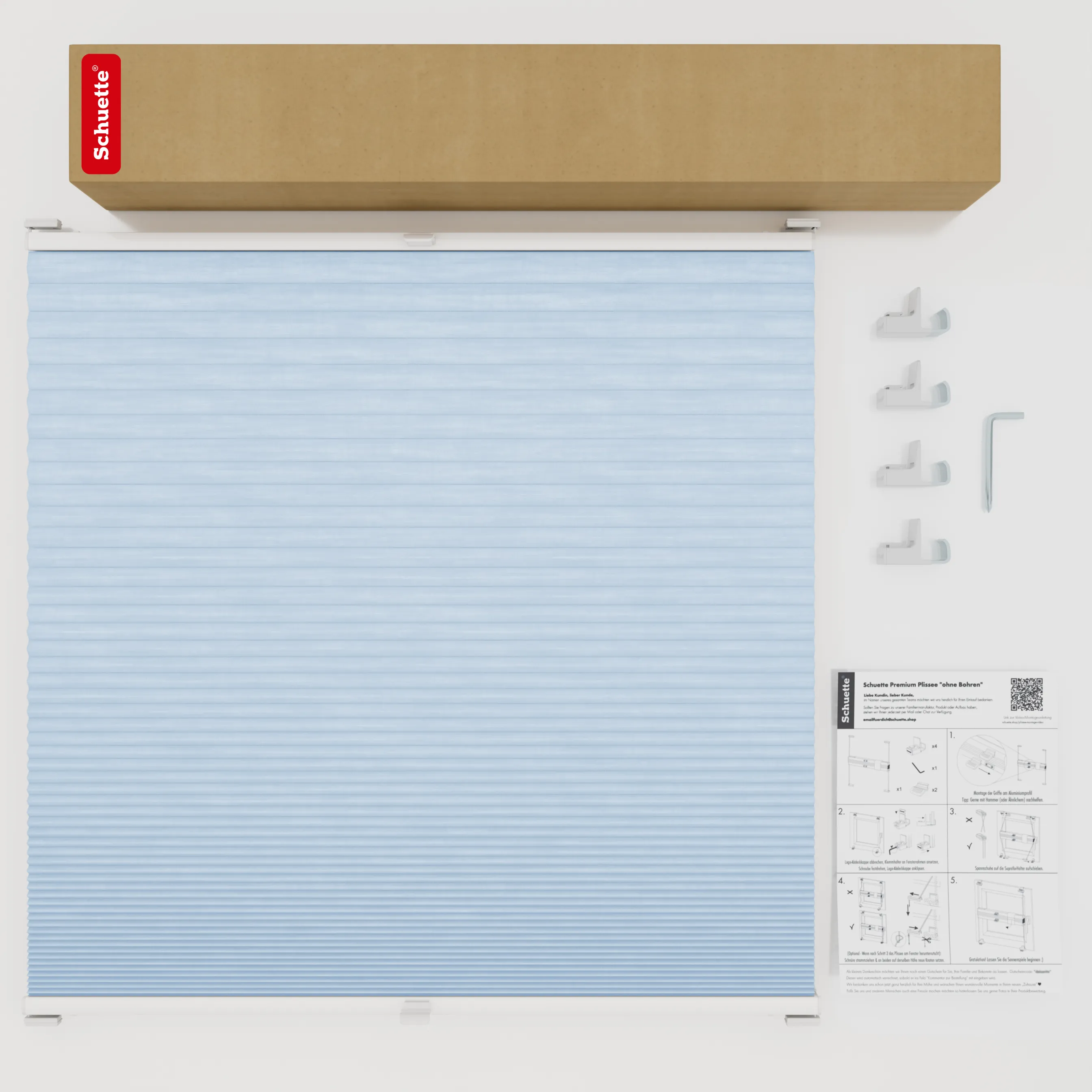 Schuette® Wabenplissee ohne Bohren nach Maß • Suprafix Klemmhalter "X" • Thermo x Honey Kollektion: Ice Pop (Hellblau) • Profilfarbe: Walnuss