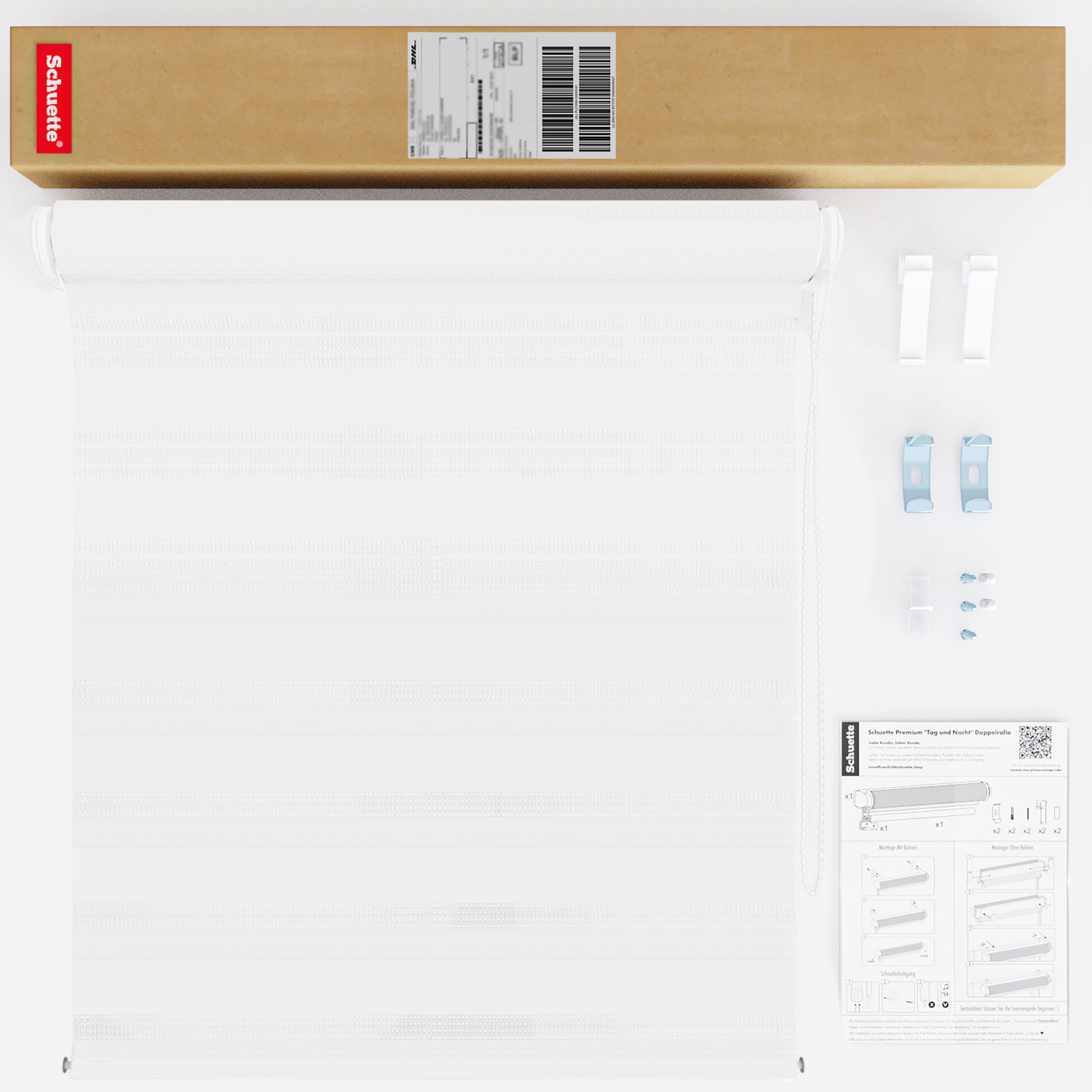 Schuette® Tag und Nacht Rollo ohne Bohren & mit Bohren 2in1 nach Maß • Doppelrollo Kollektion: White Snow (Weiß) • Profilfarbe: Grau