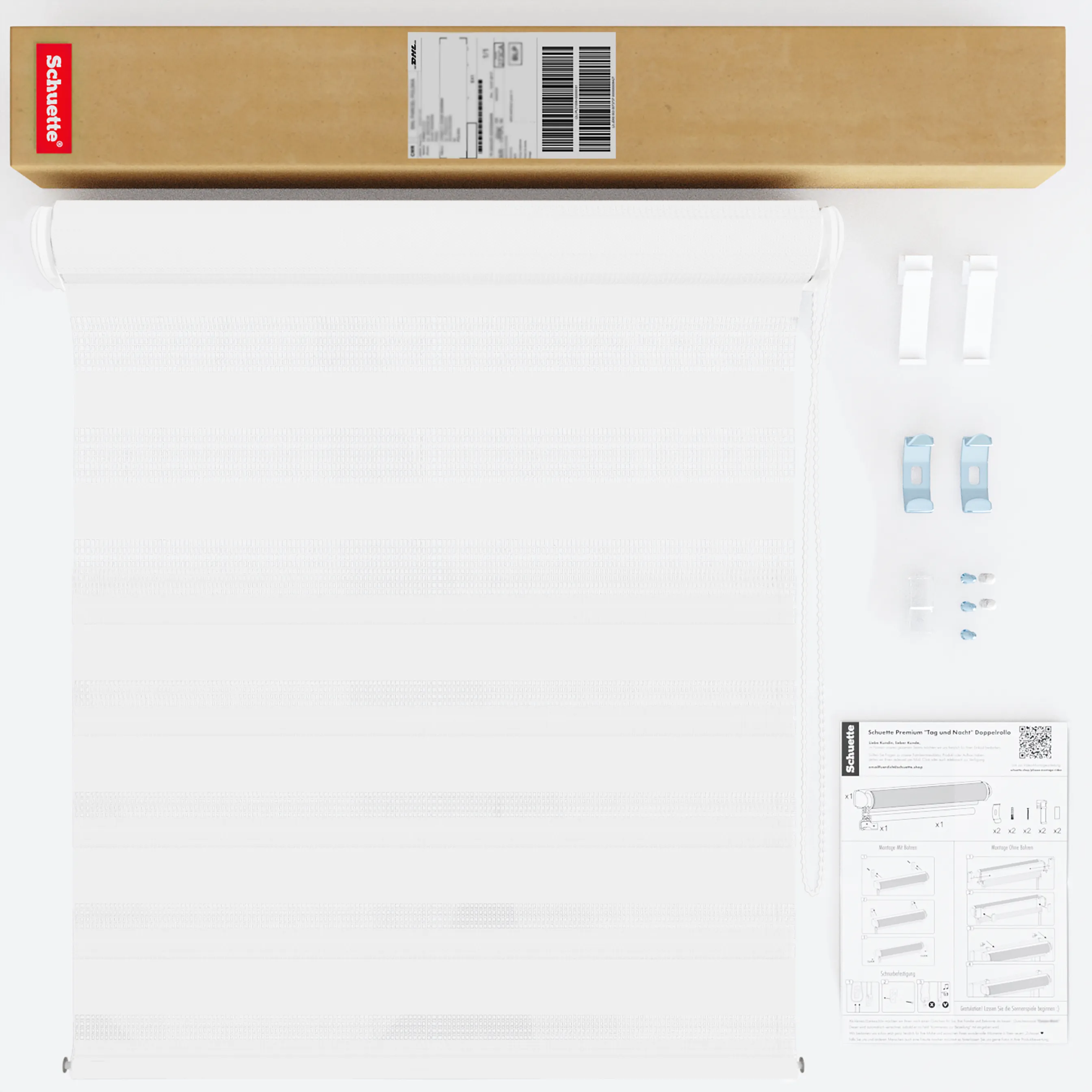 Schuette® Tag und Nacht Rollo ohne Bohren & mit Bohren 2in1 nach Maß • Doppelrollo Kollektion: White Snow (Weiß) • Profilfarbe: Braun