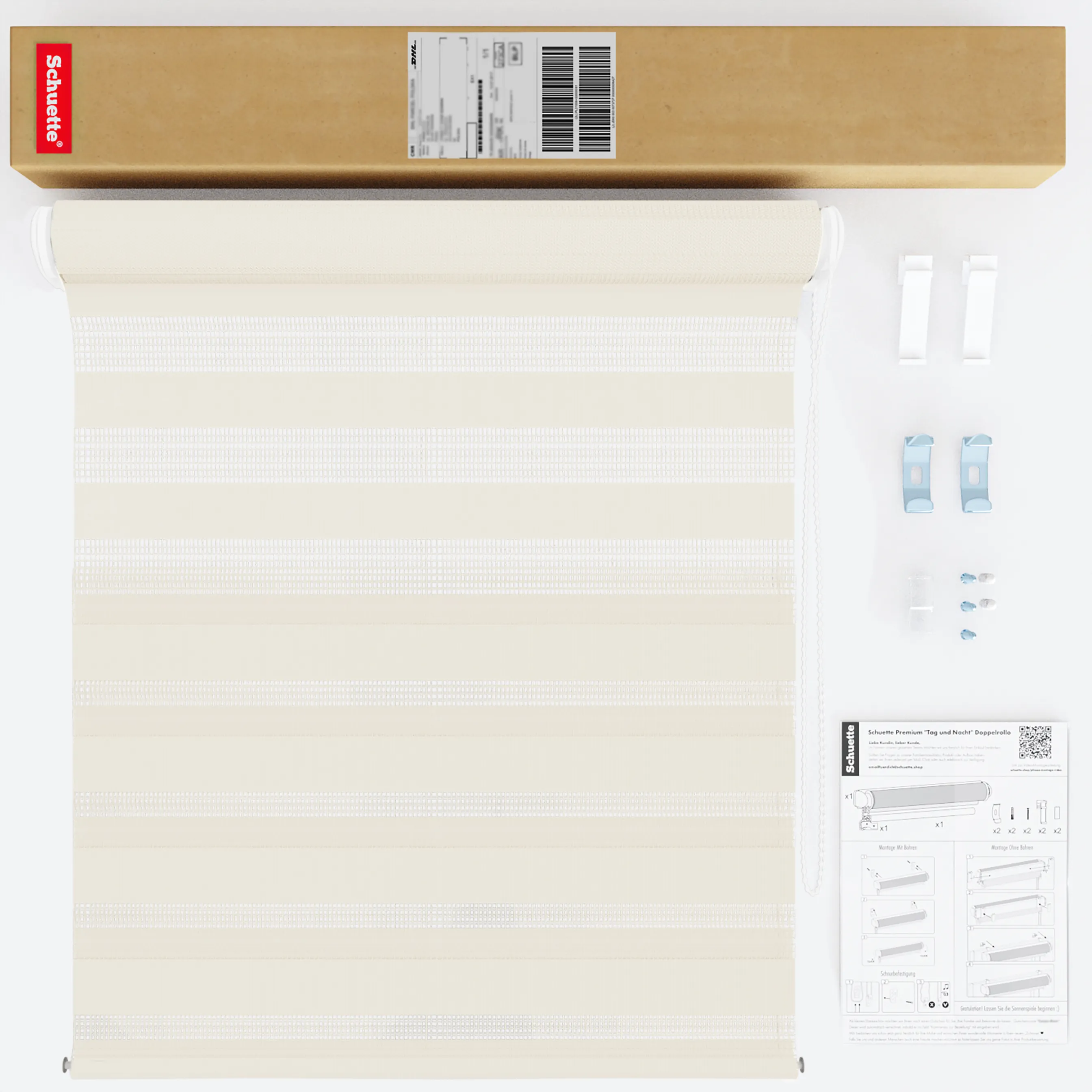 Schuette® Tag und Nacht Rollo ohne Bohren & mit Bohren 2in1 nach Maß • Doppelrollo Kollektion: Cream Cake (Beige) • Profilfarbe: Weiß