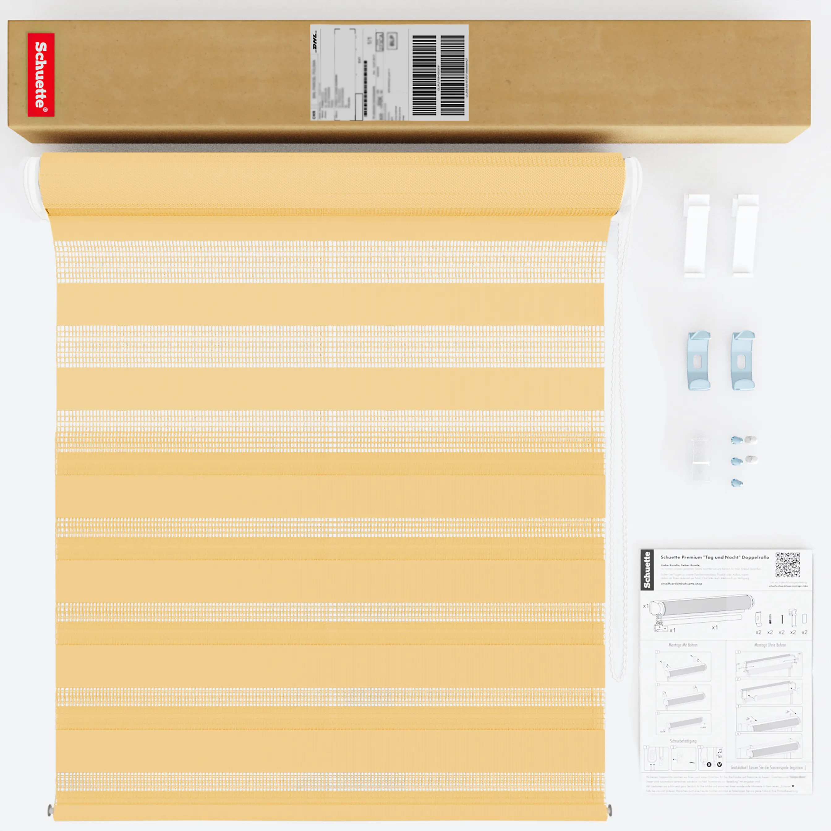 Schuette® Tag und Nacht Rollo ohne Bohren & mit Bohren 2in1 nach Maß • Doppelrollo Kollektion: Sand Castle (Beige) • Profilfarbe: Schwarz