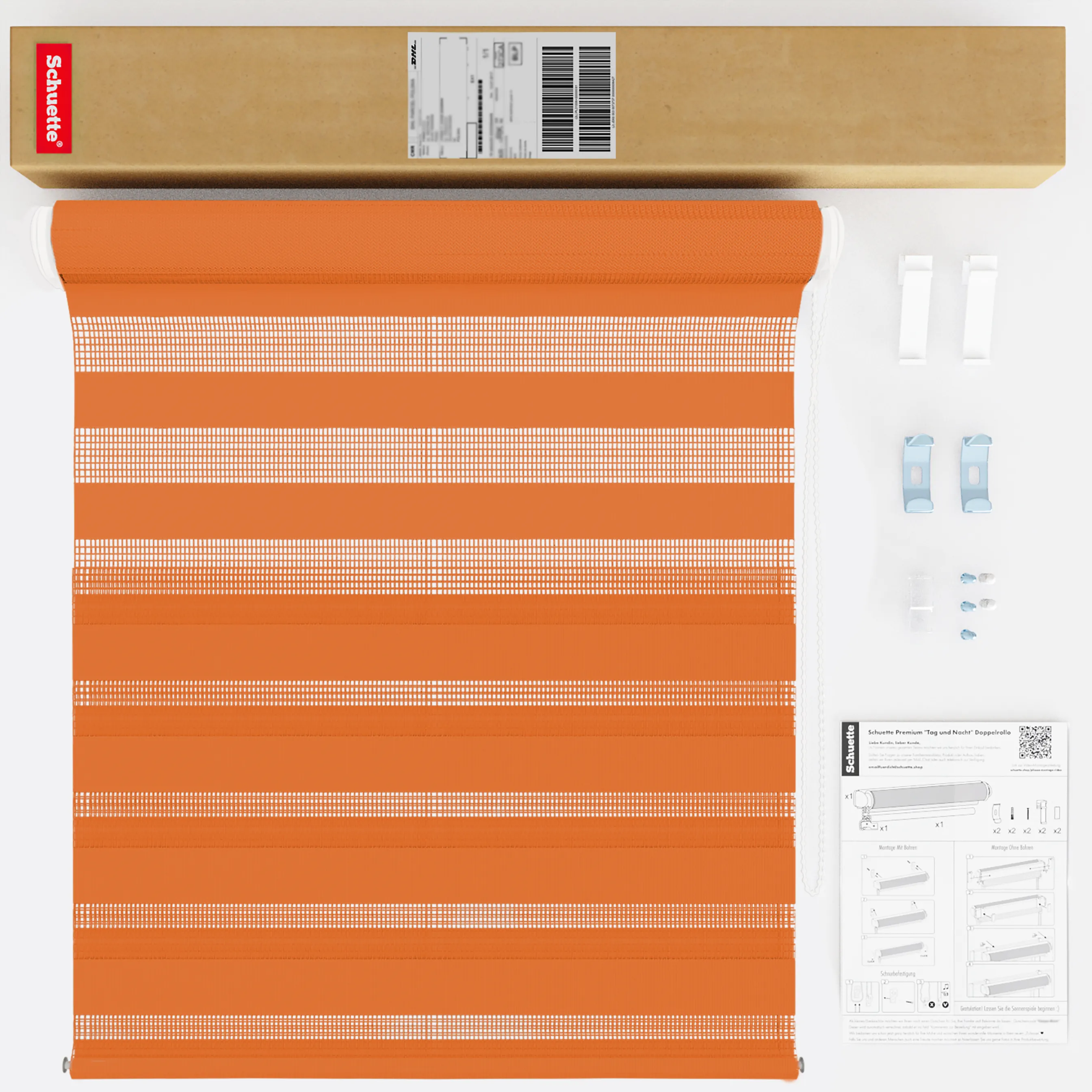 Schuette® Tag und Nacht Rollo ohne Bohren & mit Bohren 2in1 nach Maß • Doppelrollo Kollektion: Sweet Orange (Orange) • Profilfarbe: Grau