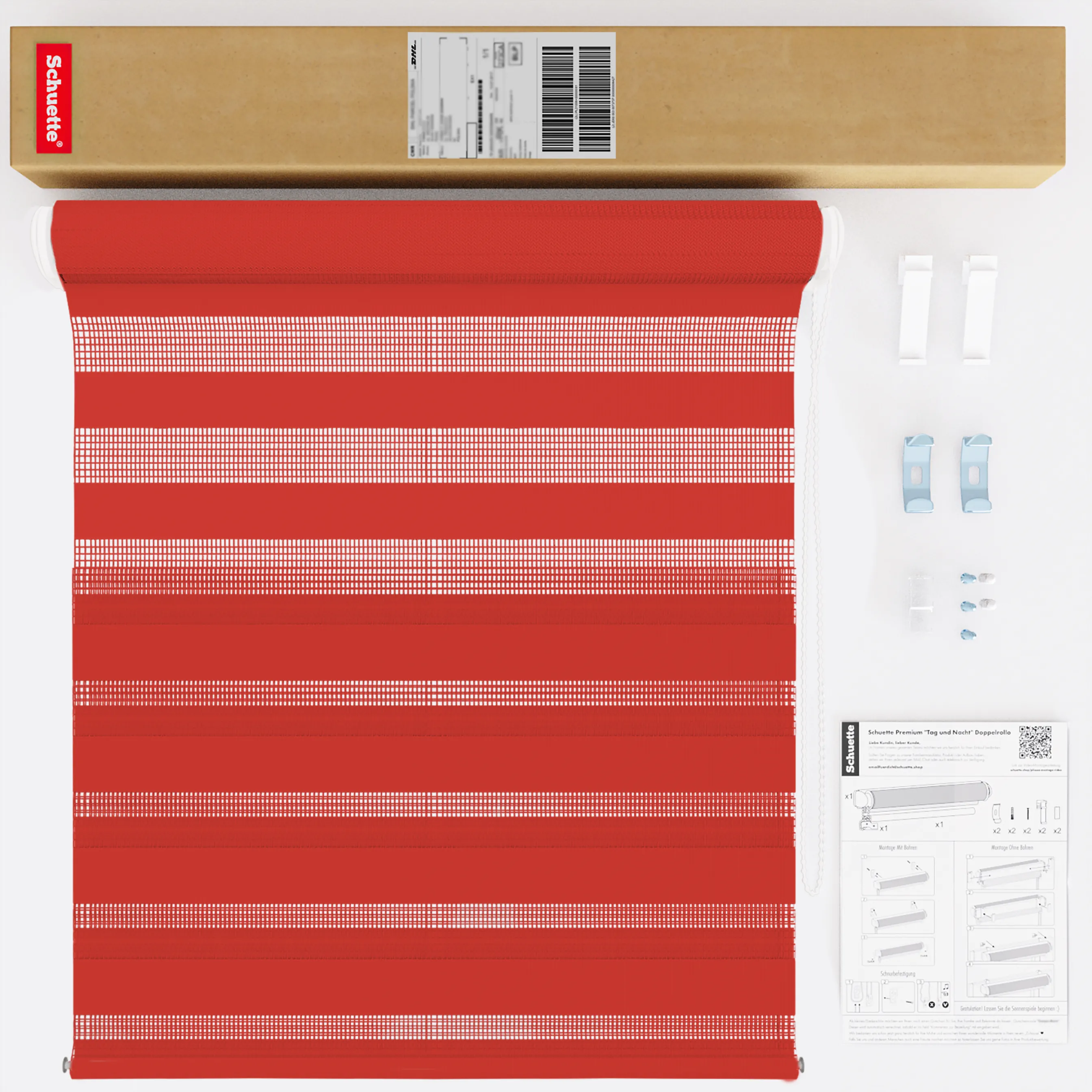 Schuette® Tag und Nacht Rollo ohne Bohren & mit Bohren 2in1 nach Maß • Doppelrollo Kollektion: Red Rose (Rot) • Profilfarbe: Braun