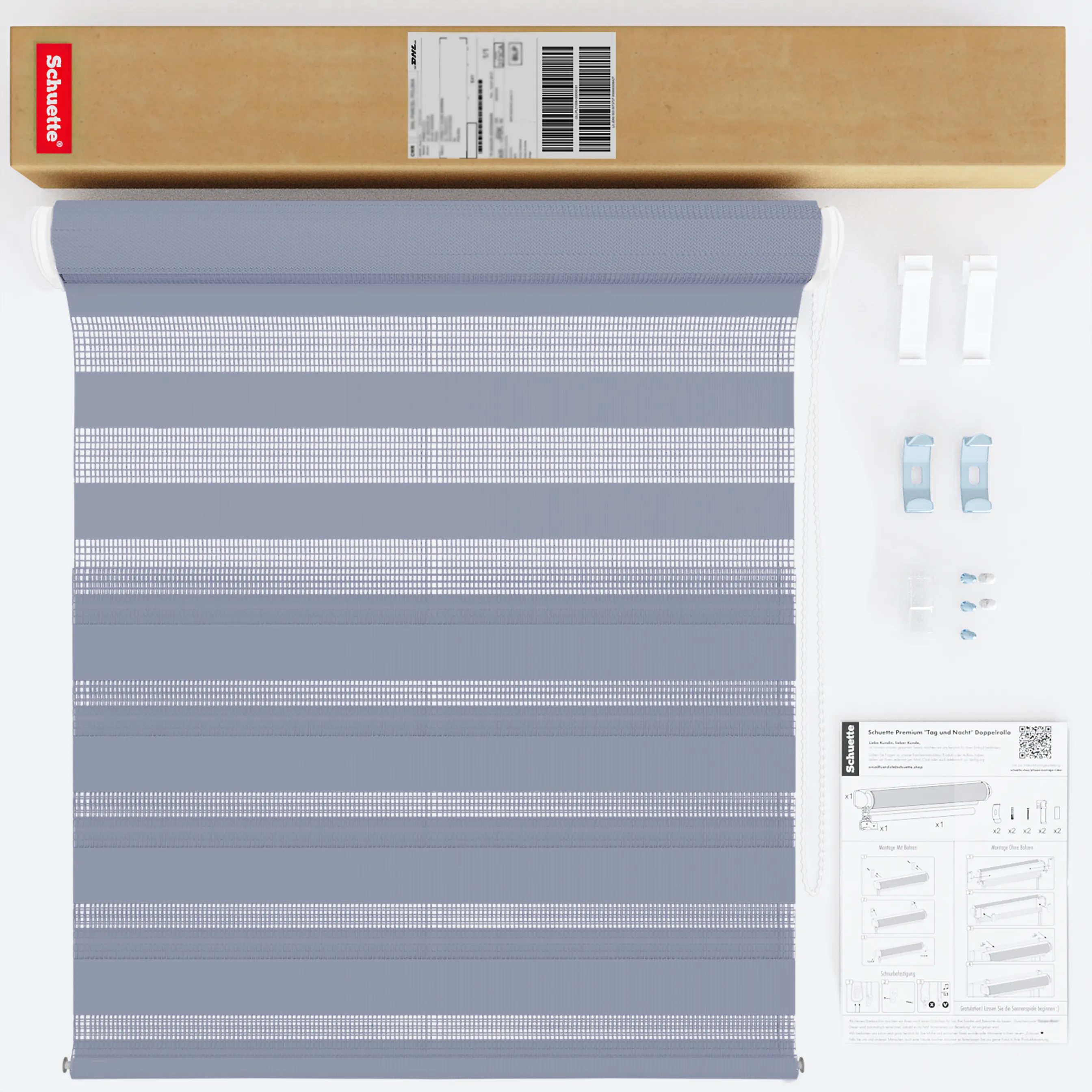 Schuette® Tag und Nacht Rollo ohne Bohren & mit Bohren 2in1 nach Maß • Doppelrollo Kollektion: Blooming Iris (Violett) • Profilfarbe: Schwarz