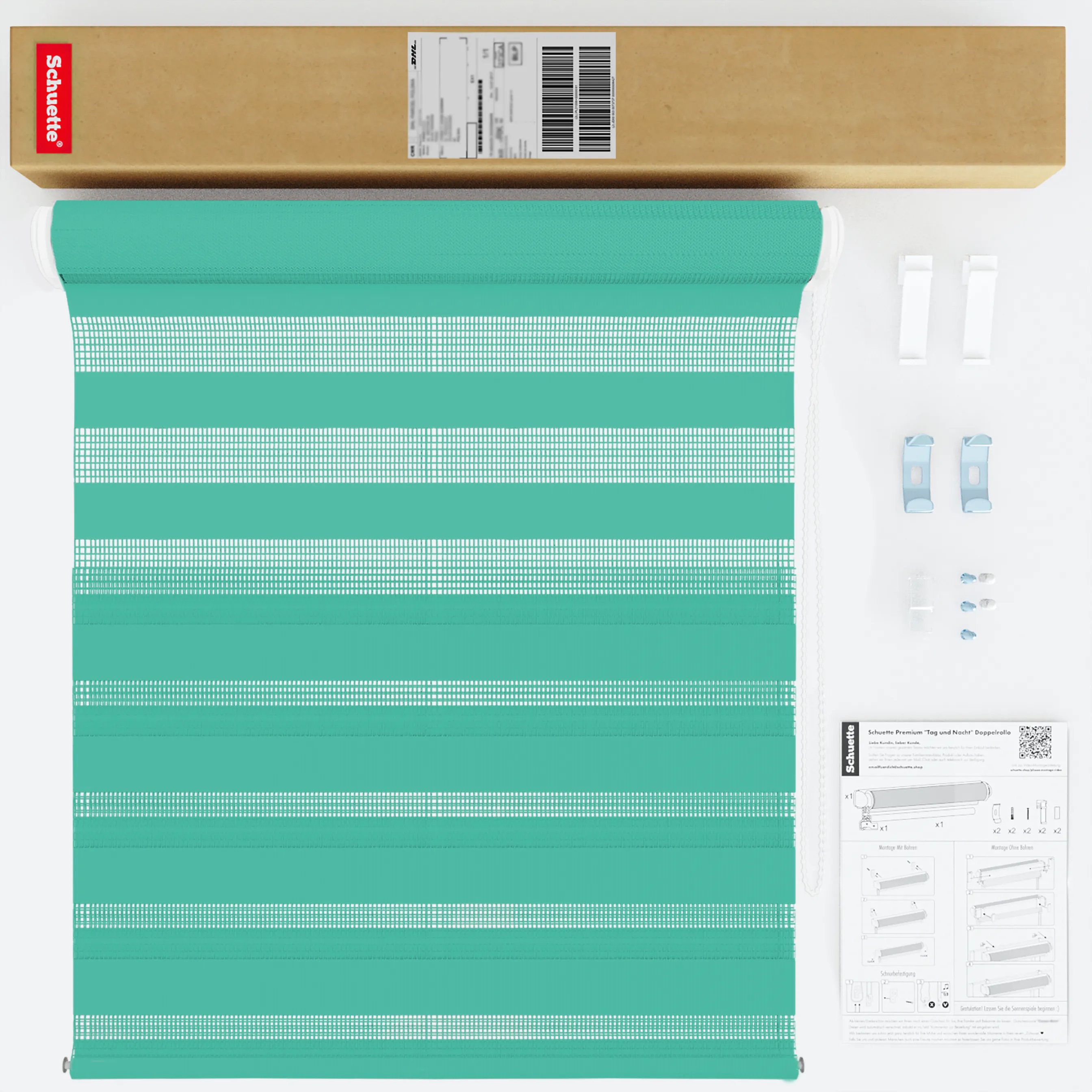 Schuette® Tag und Nacht Rollo ohne Bohren & mit Bohren 2in1 nach Maß • Doppelrollo Kollektion: Sea Eye (Türkis) • Profilfarbe: Schwarz