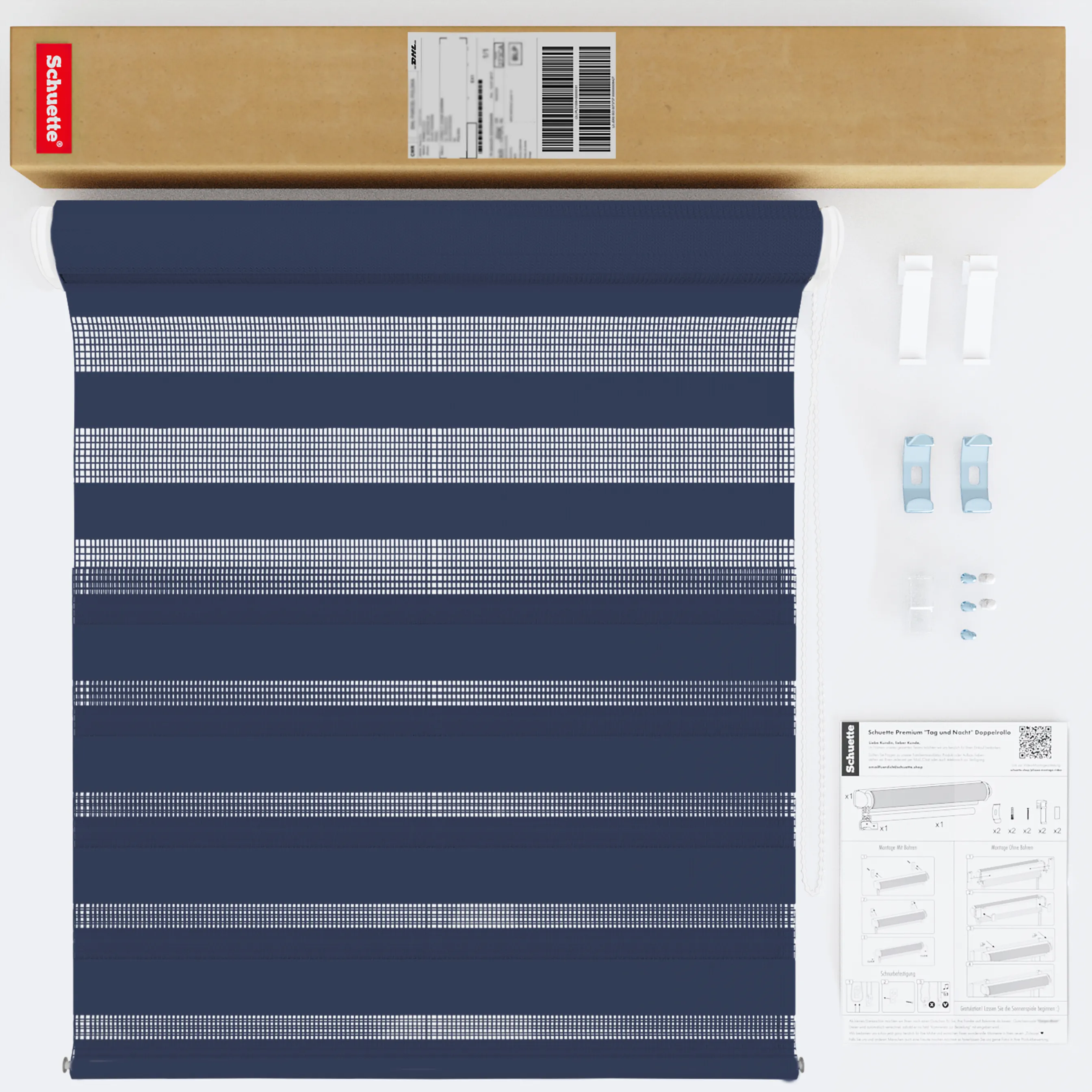Schuette® Tag und Nacht Rollo ohne Bohren & mit Bohren 2in1 nach Maß • Doppelrollo Kollektion: Azure Coast (Dunkelblau) • Profilfarbe: Schwarz