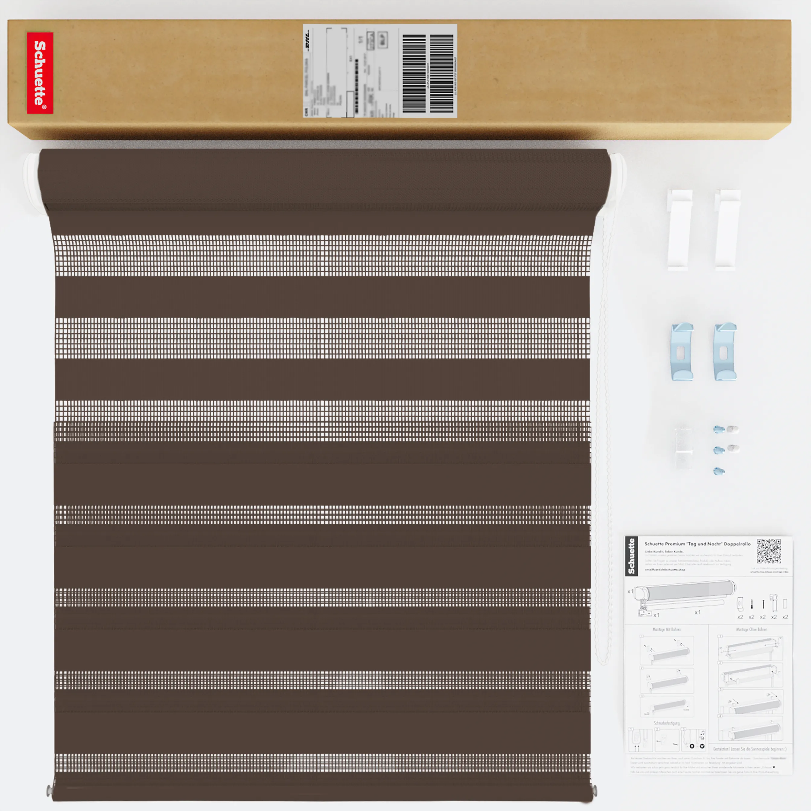 Schuette® Tag und Nacht Rollo ohne Bohren & mit Bohren 2in1 nach Maß • Doppelrollo Kollektion: Dark Cocoa (Braun) • Profilfarbe: Grau