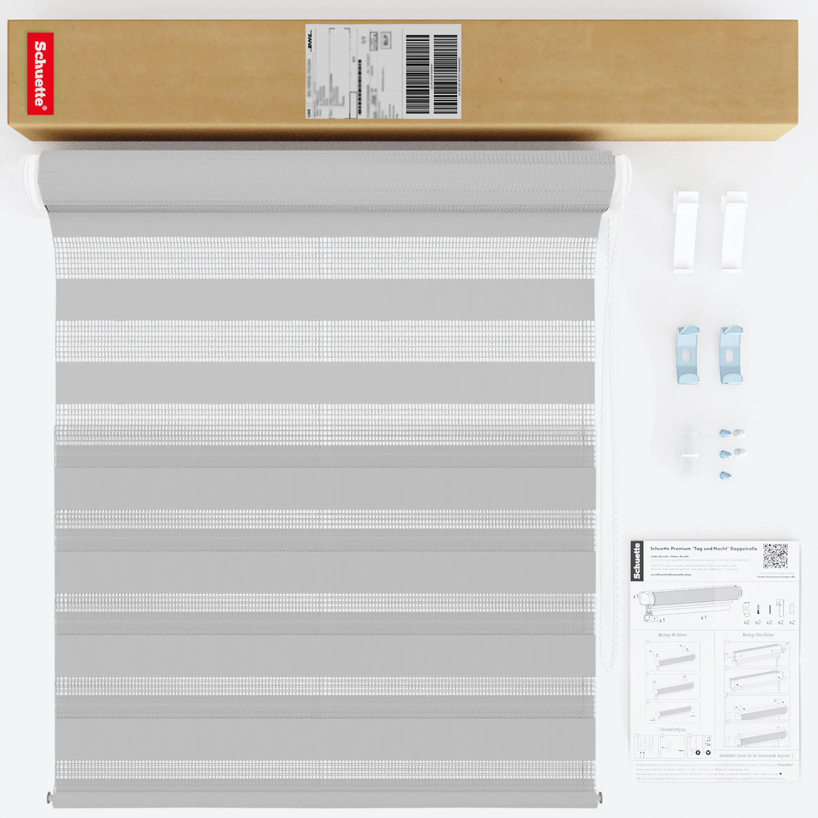 Schuette® Tag und Nacht Rollo ohne Bohren & mit Bohren 2in1 nach Maß • Doppelrollo Kollektion: Cloudy Day (Grau) • Profilfarbe: Weiß