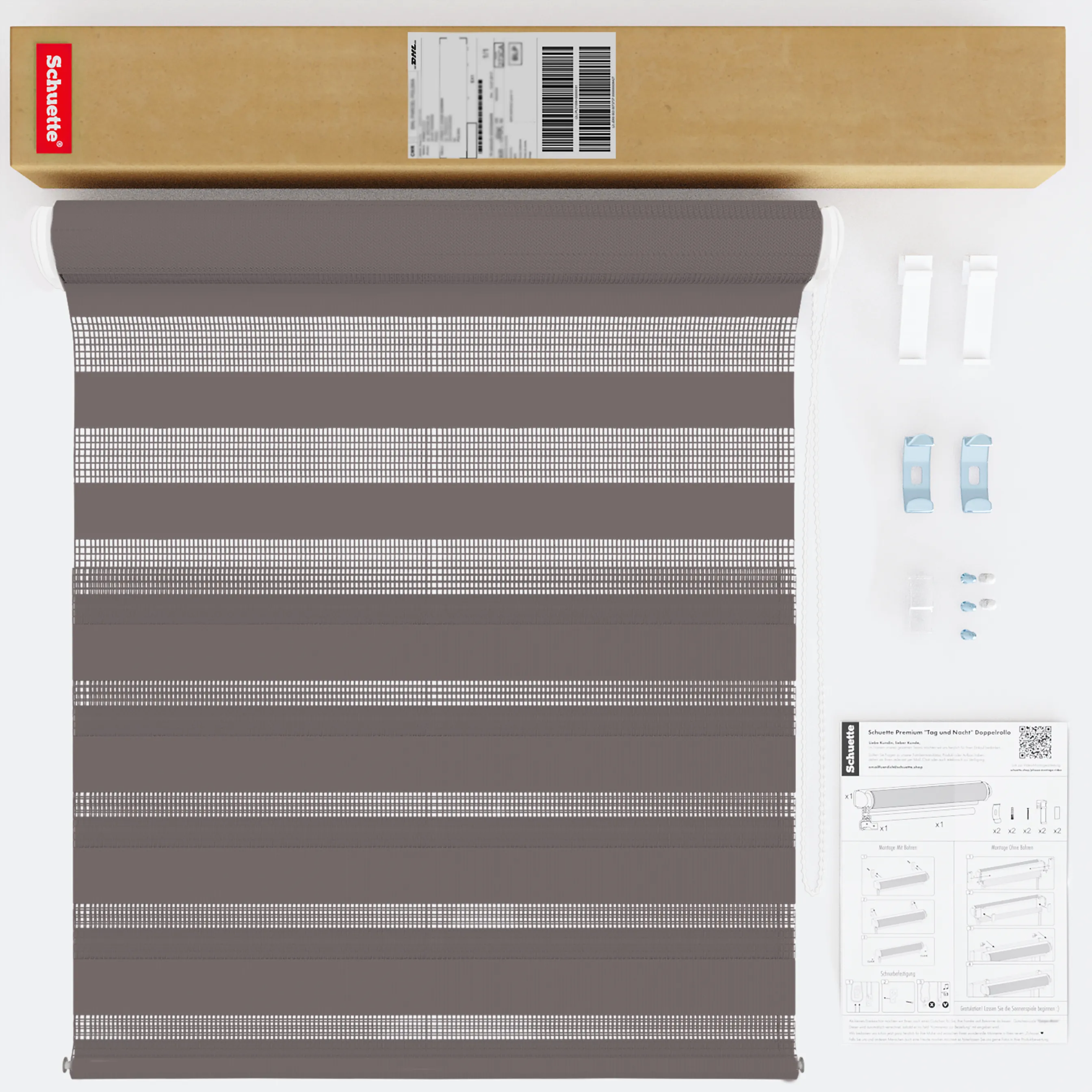 Schuette® Tag und Nacht Rollo ohne Bohren & mit Bohren 2in1 nach Maß • Doppelrollo Kollektion: Grey Lead (Grau) • Profilfarbe: Braun