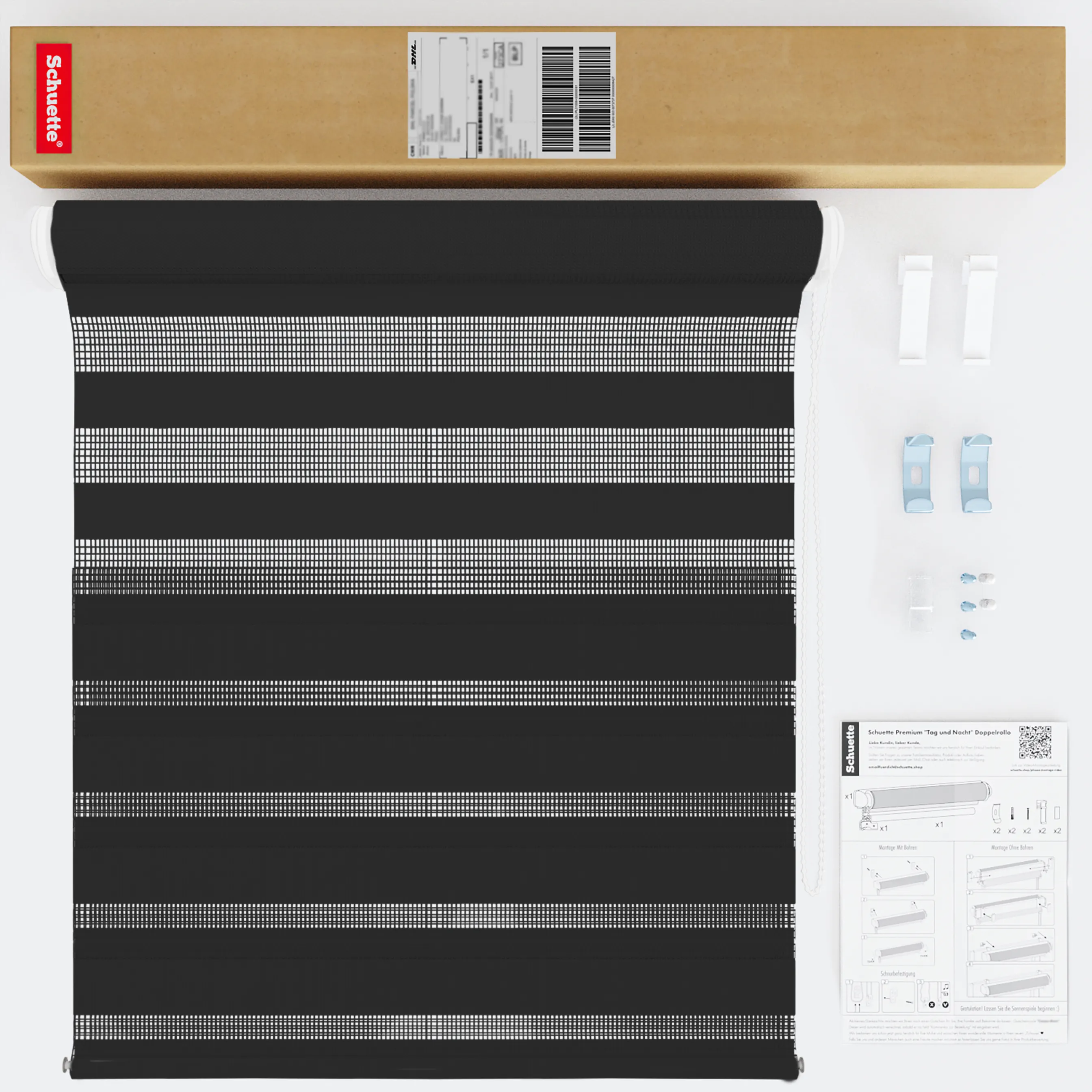 Schuette® Tag und Nacht Rollo ohne Bohren & mit Bohren 2in1 nach Maß • Doppelrollo Kollektion: Black Flag (Schwarz) • Profilfarbe: Braun