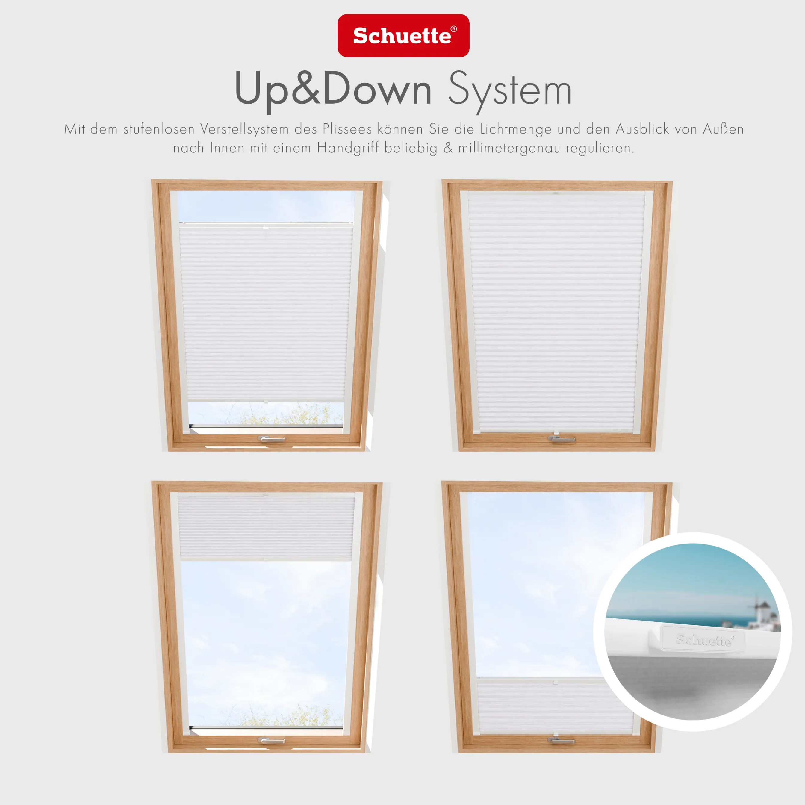 Schuette® Dachfenster Plissee nach Maß • Dolomite Kollektion: Cold Morning (Grau) • Profilfarbe: Walnuss