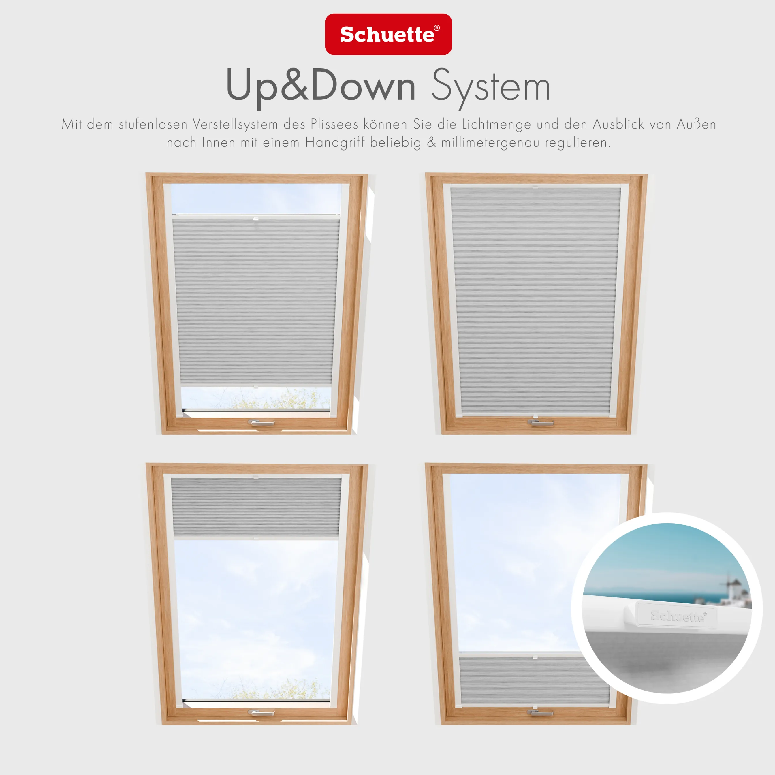 Schuette® Dachfenster Plissee nach Maß • Dolomite Kollektion: Storm Gray (Grau) • Profilfarbe: Walnuss