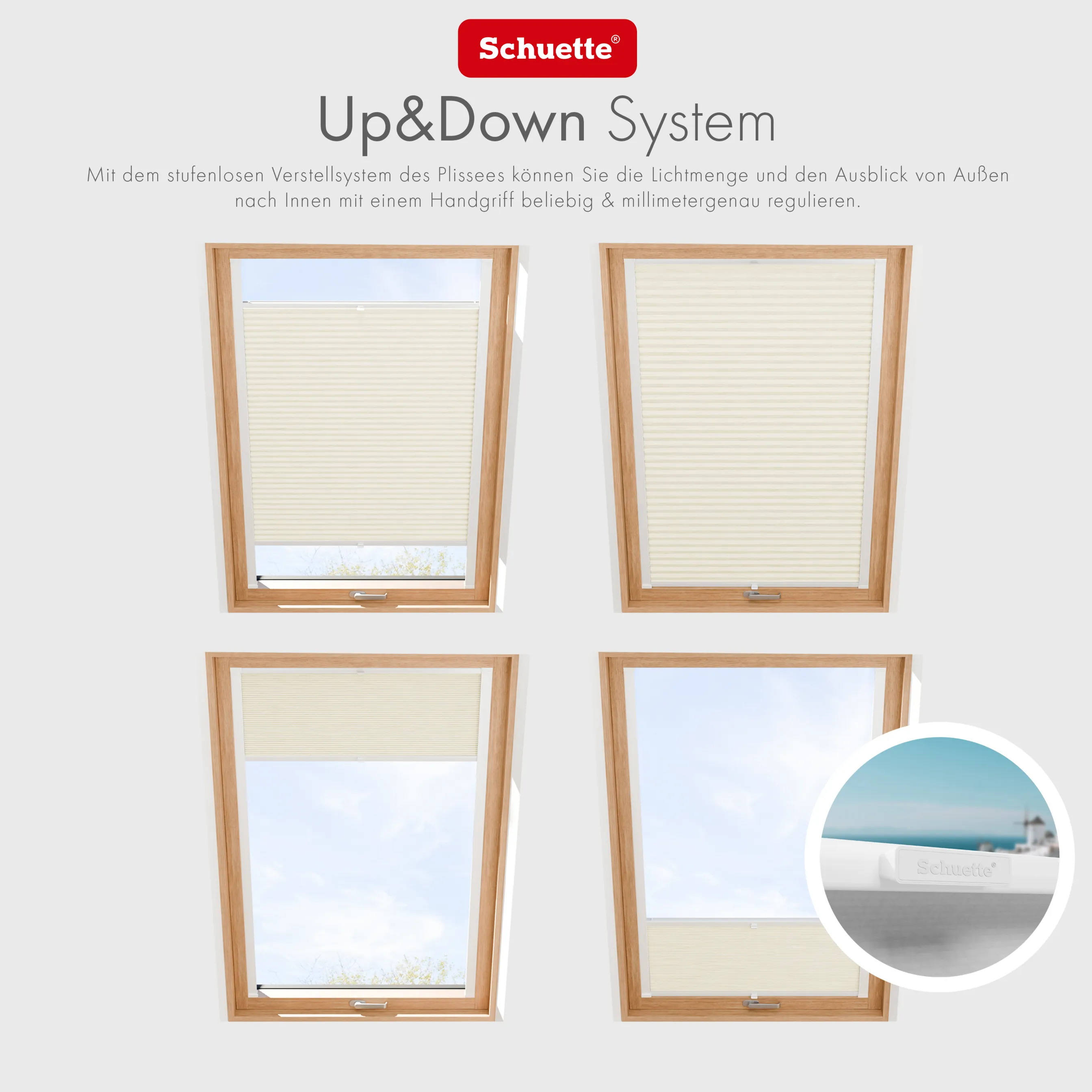 Schuette® Dachfenster Plissee nach Maß • Dolomite Kollektion: Vanilla Sky (Beige) • Profilfarbe: Walnuss